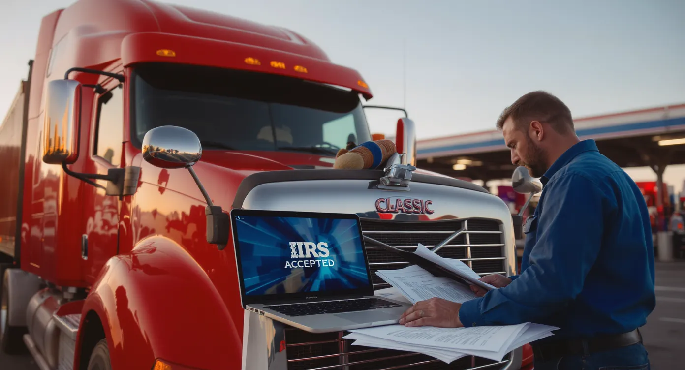 A bright red Class 8 semi-truck parked at dawn outside a busy truck stop, with its driver reviewing a neatly organized stack of tax documents on the hood while a laptop shows an IRS acceptance screen.