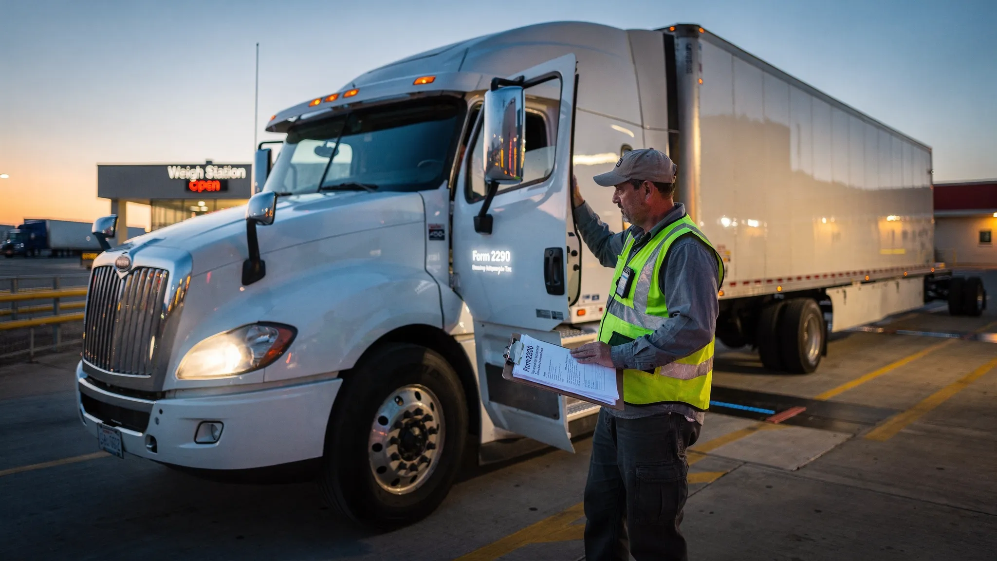 A Class 8 highway tractor parked at a weigh station at dusk, with a driver checking an odometer reading and a clipboard with IRS Form 2290 paperwork, symbolizing mileage threshold compliance for a suspended vehicle amendment.
