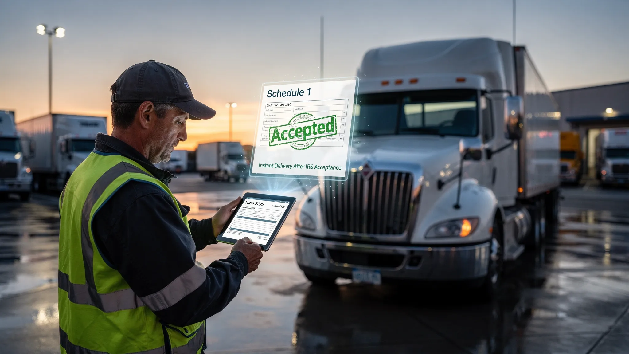 A Class 8 semi-truck at dawn in a logistics yard, a driver reviewing Form 2290 details on a tablet, with a stylized digital Schedule 1 confirmation overlay to signify instant delivery after IRS acceptance.