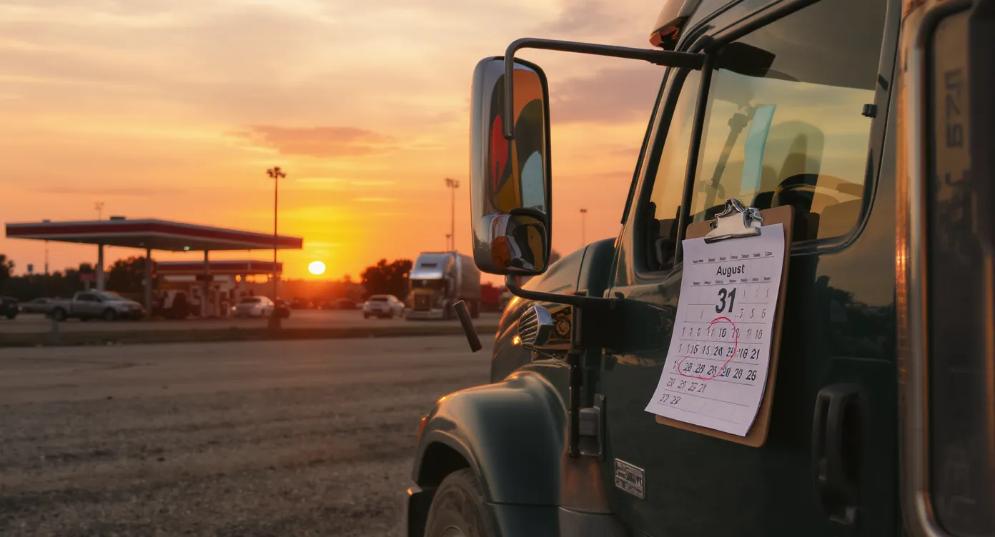 A diesel tractor-trailer parked at sunrise outside a truck stop, with a large paper calendar overlay showing August 31 circled in red, symbolizing the Form 2290 due date.