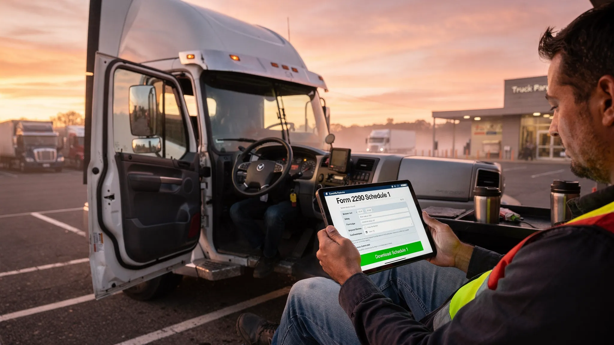 A long-haul semi truck parked at a rest area at sunrise, with a driver reviewing a digital Form 2290 Schedule 1 on a tablet inside the cab. The scene emphasizes fast, modern e-filing for truckers and fleet owners.