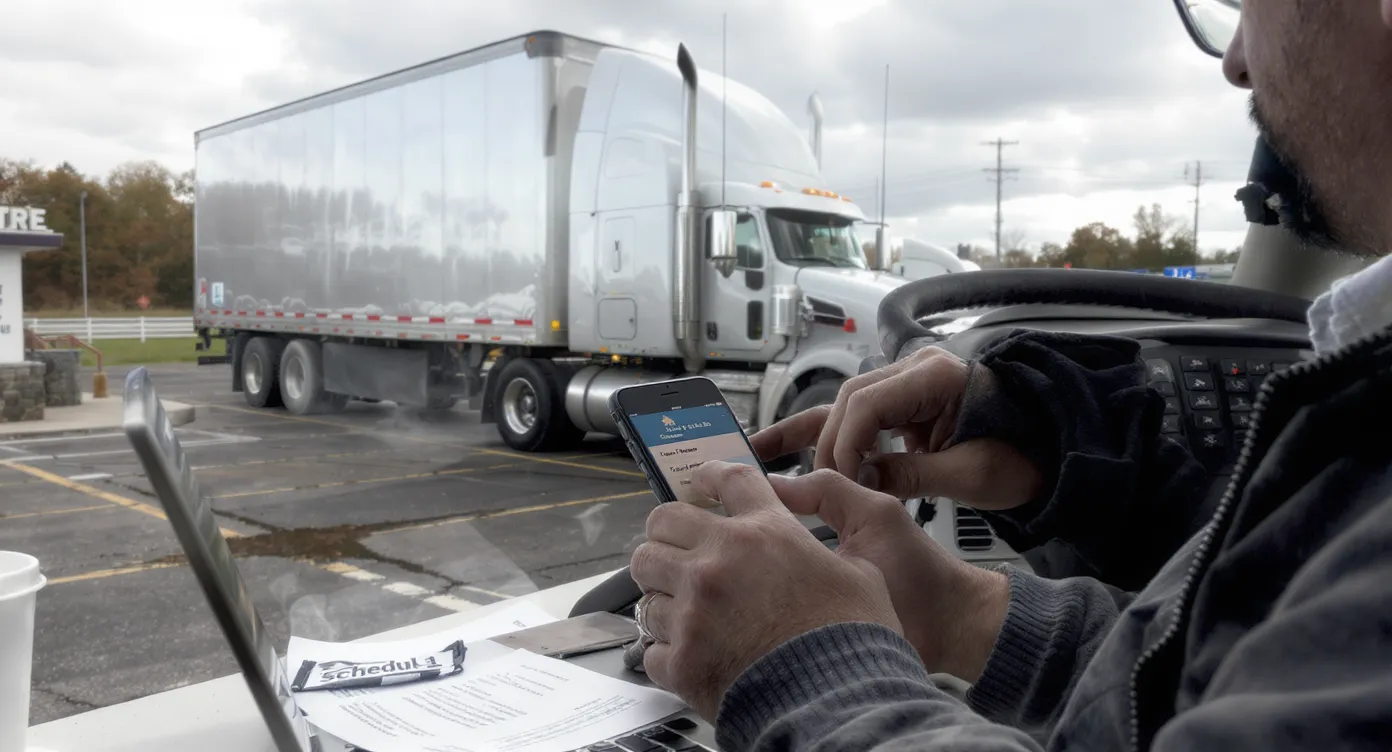 A long-haul truck parked at a highway rest area while a driver uses a smartphone and laptop to file Form 2290 online. The phone shows a digital document labeled Schedule 1. The scene conveys speed and convenience for truckers.