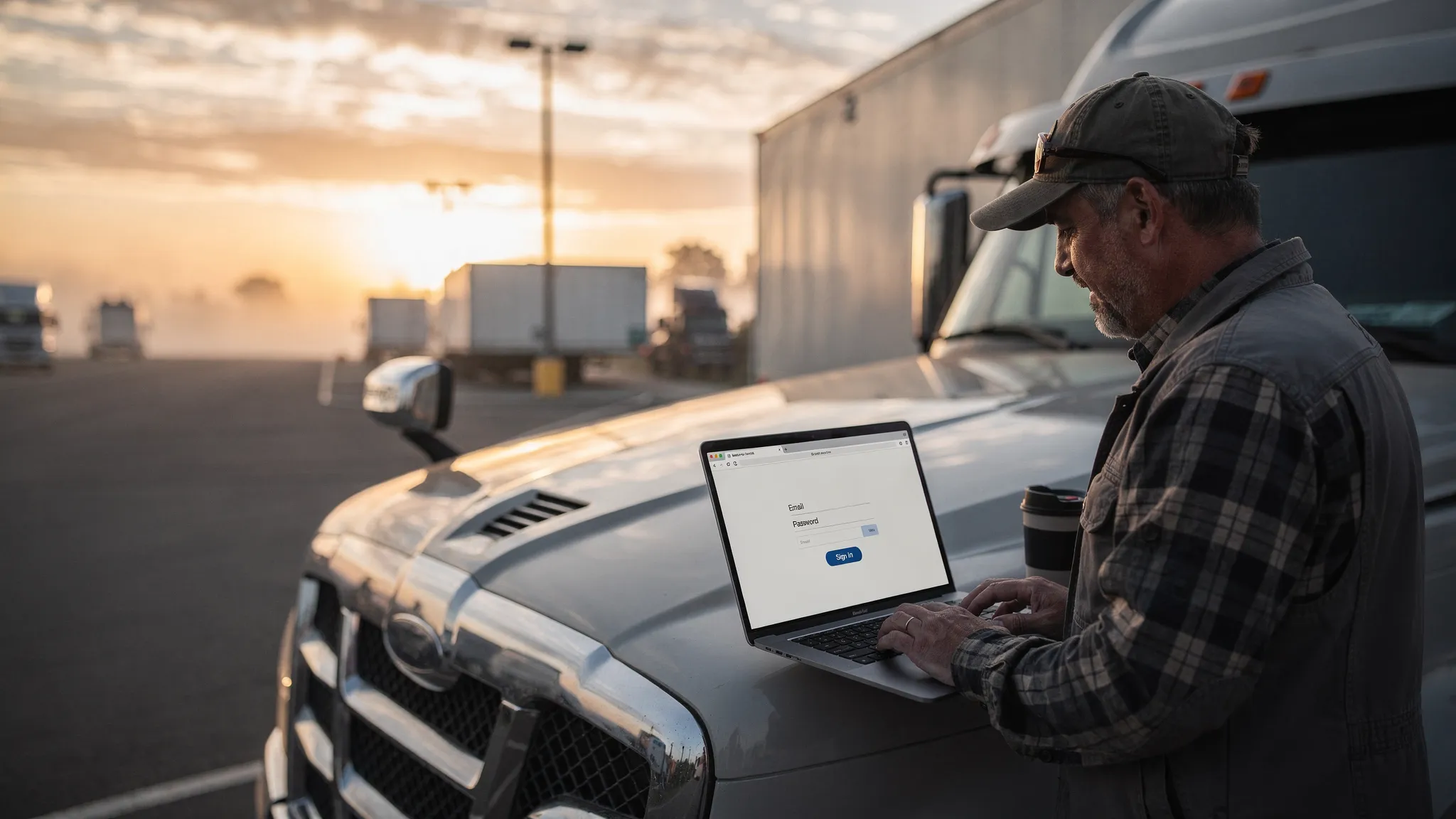 A long-haul truck parked at a rest stop at sunrise while a driver uses a laptop on the hood to sign in to a secure tax filing portal, with the browser showing a generic login screen with email and password fields.
