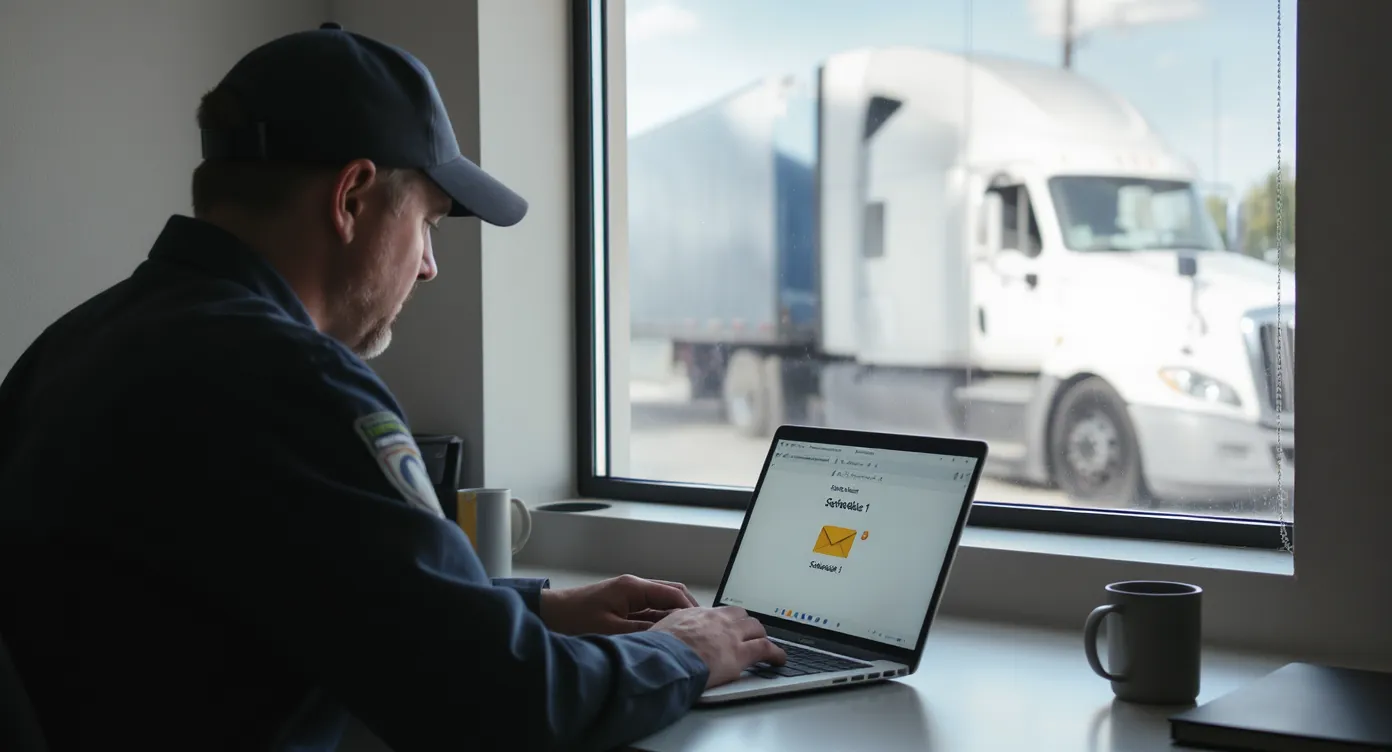 A truck driver sits in a small office with a laptop, quickly receiving an emailed Schedule 1 on screen while his semi-truck is visible through the window outside. The scene emphasizes speed and convenience of online HVUT filing.