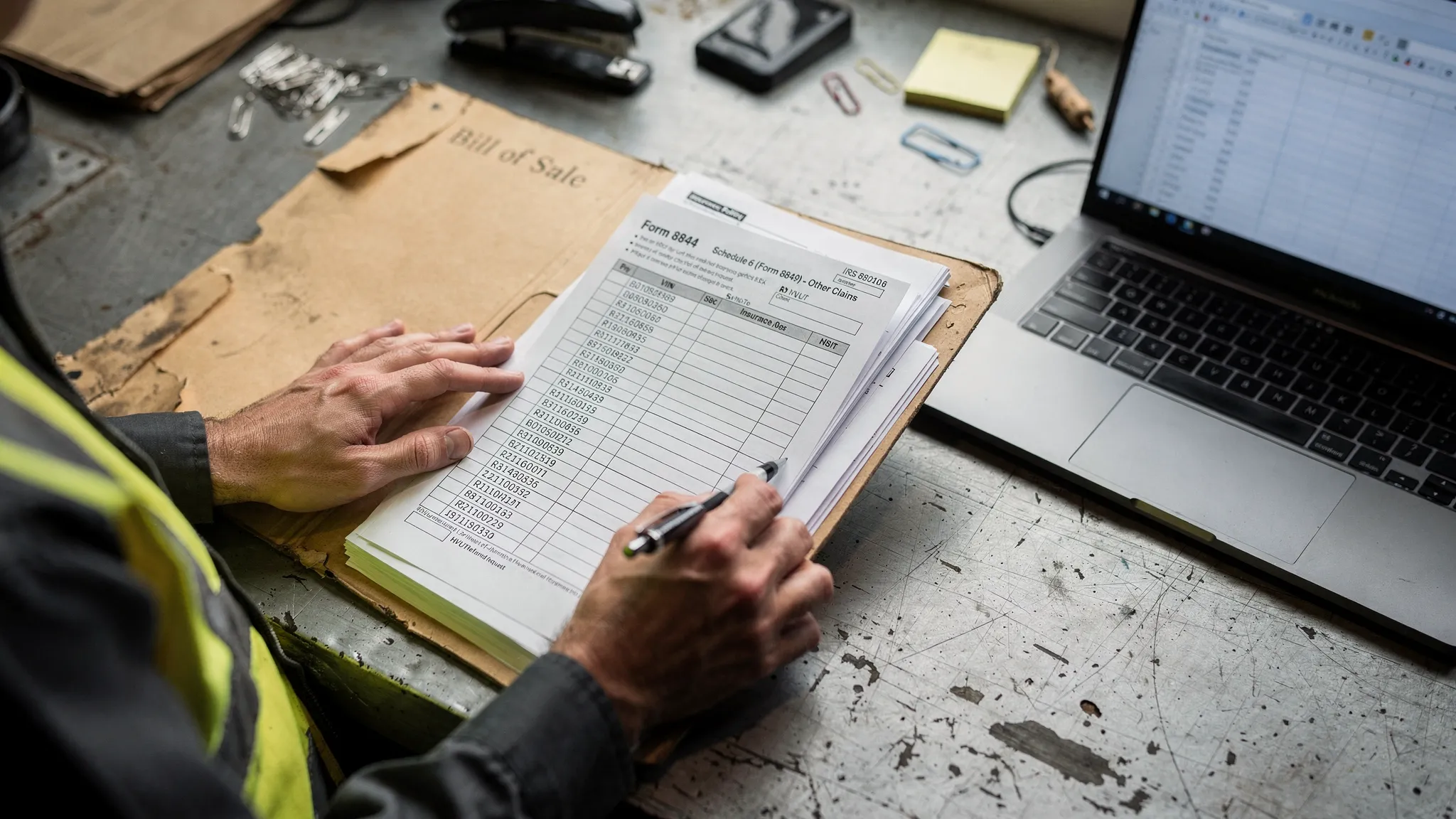 Close-up of a driver’s hands organizing a folder with VIN lists, bill of sale, insurance paperwork, and a partially completed IRS Form 8849 Schedule 6 for an HVUT refund request on a workbench next to a laptop.