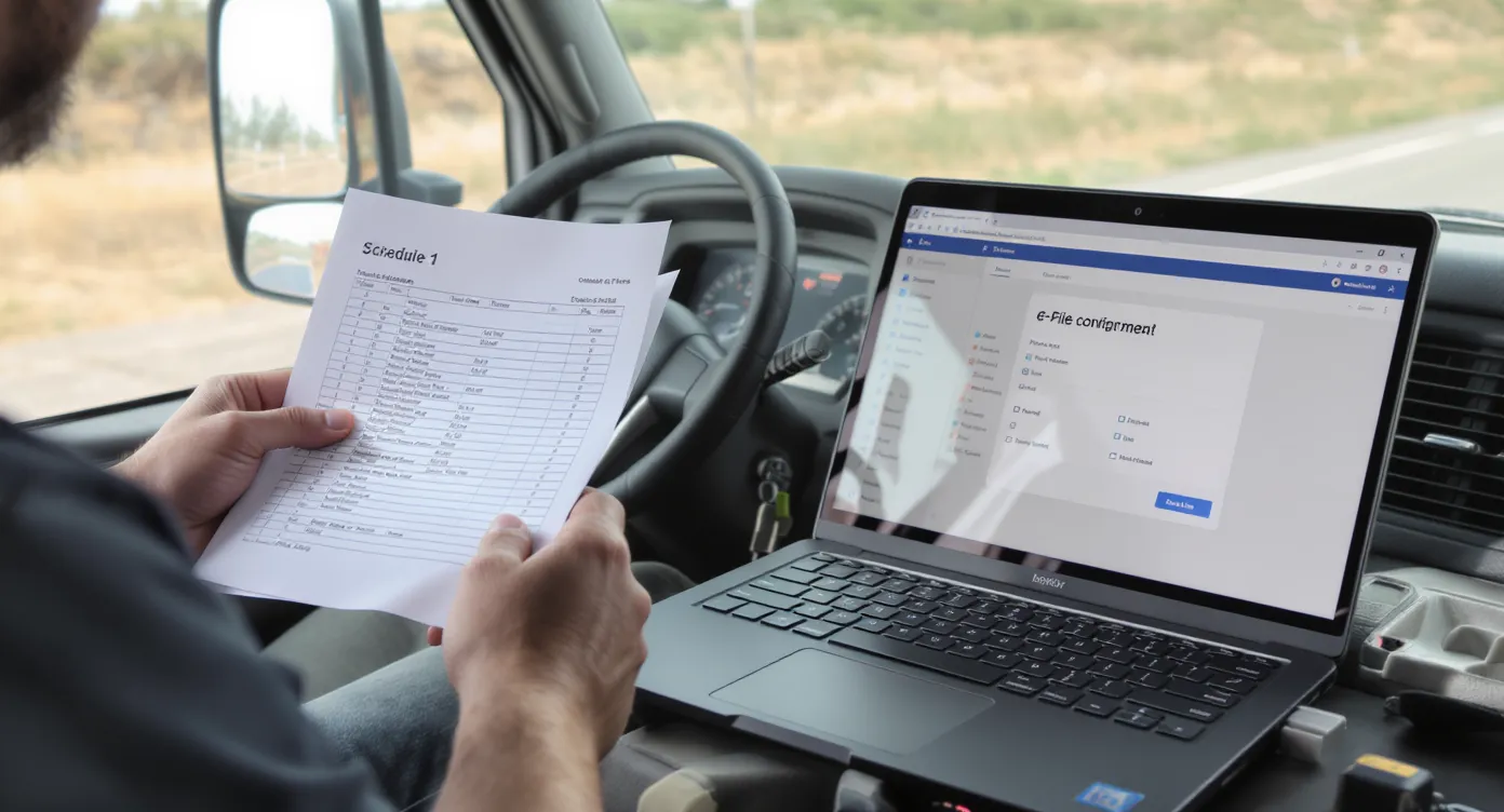 Close-up of a truck driver holding a printed Schedule 1 with a laptop open to an e-file confirmation screen on the cab desk.