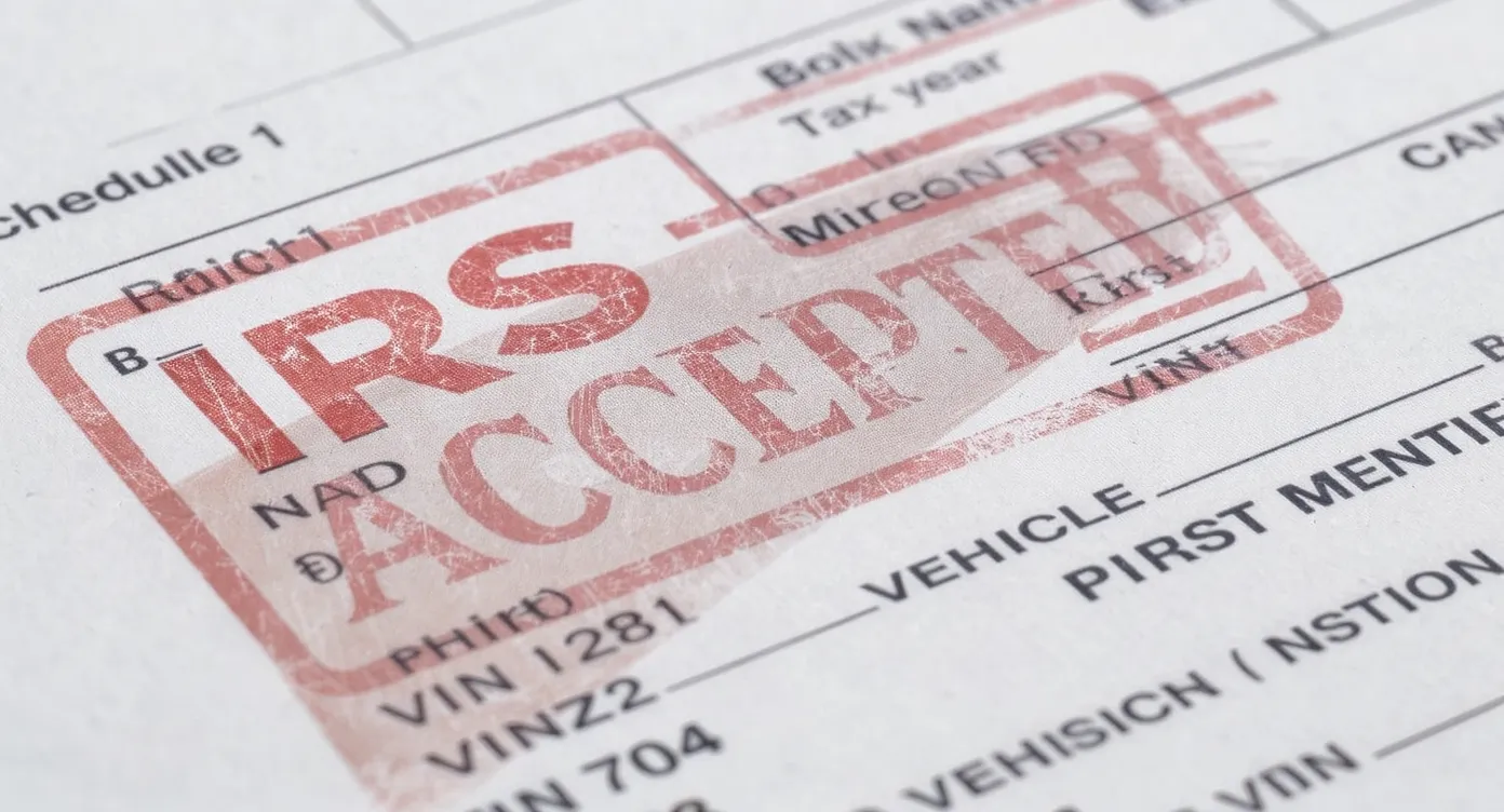 Close up of an IRS e-stamped Schedule 1 showing business name, EIN, tax year, first used month, a short VIN list with categories, and a prominent electronic watermark indicating IRS acceptance.