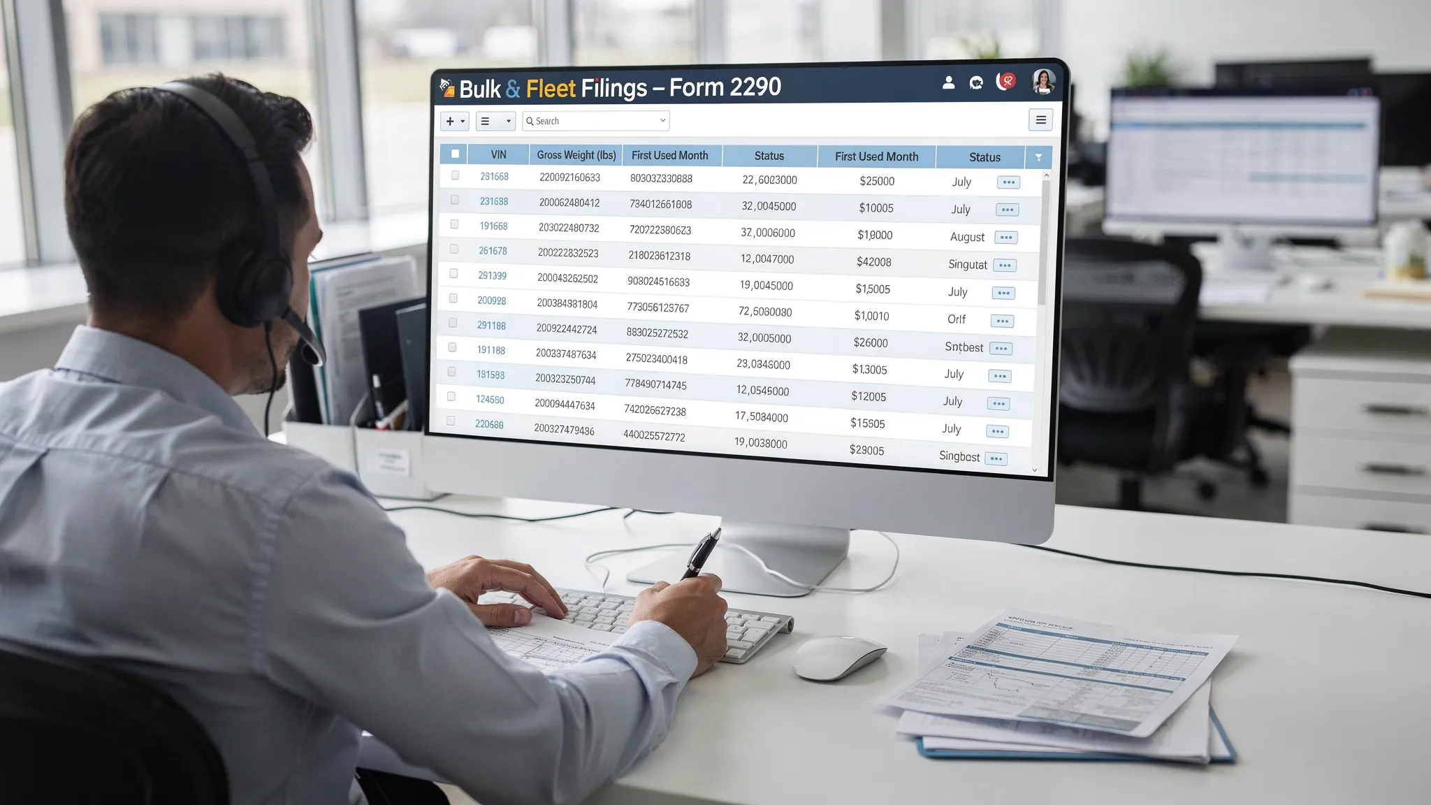Dispatch manager at a trucking company reviewing a fleet dashboard that lists dozens of vehicle VINs, gross weights, and first used months, preparing Bulk & Fleet Filings for Form 2290 on a large monitor in a modern compliance office.
