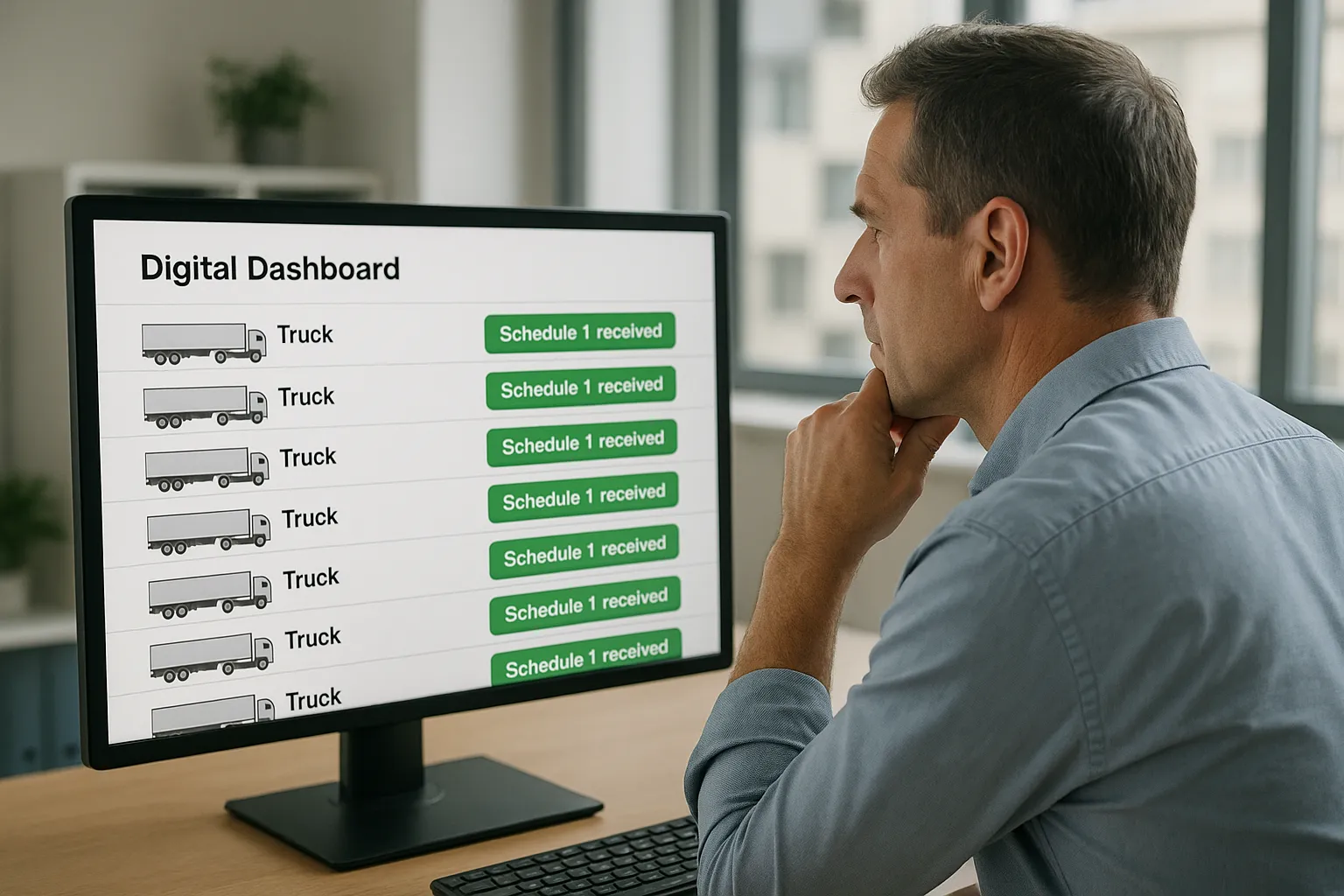 Fleet manager viewing a digital dashboard that lists multiple trucks, each with a green “Schedule 1 received” badge, illustrating bulk filing efficiency for large fleets.