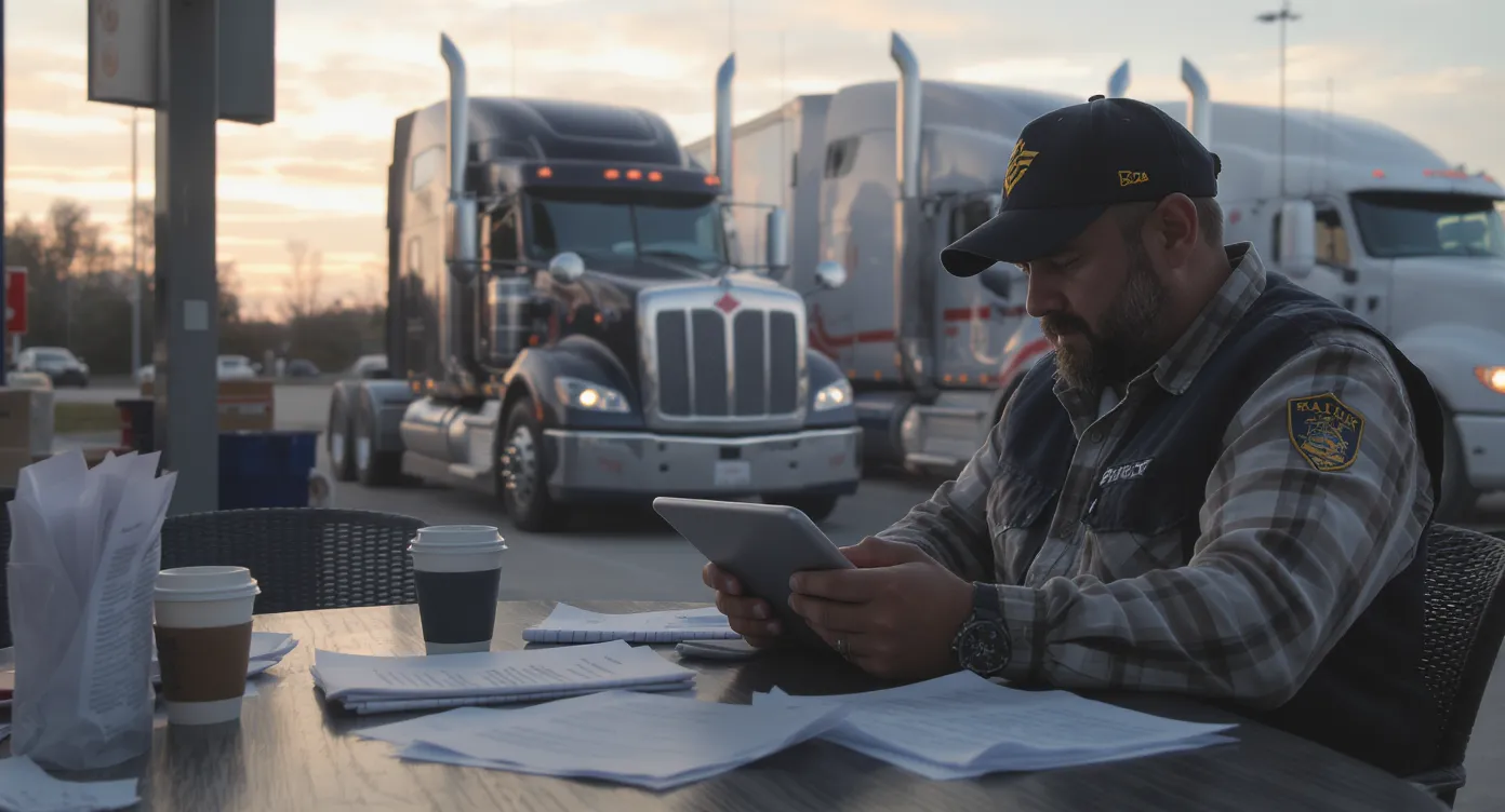 Owner operator at a truck stop table using a tablet to e-file Form 2290, with a semi tractor parked nearby at dusk and paperwork neatly organized beside a coffee cup.