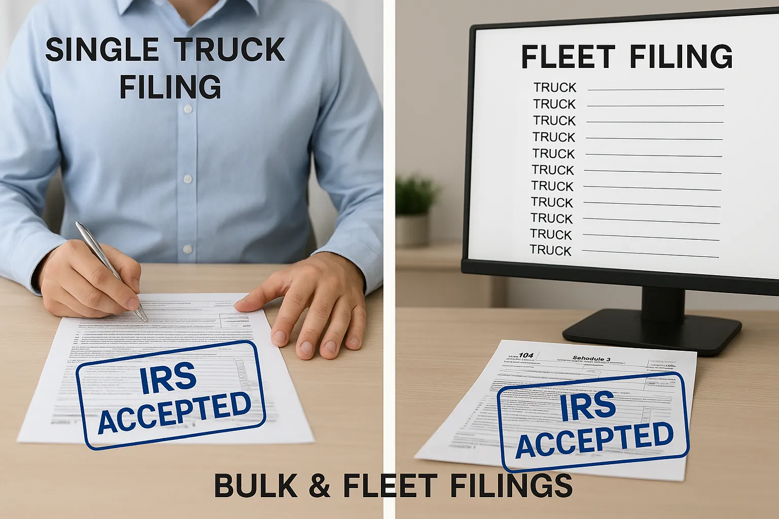 Side by side illustration showing a single truck filing on the left and a large fleet list on the right, both resulting in an IRS accepted stamped Schedule 1, highlighting the speed and simplicity of Bulk & Fleet Filings.