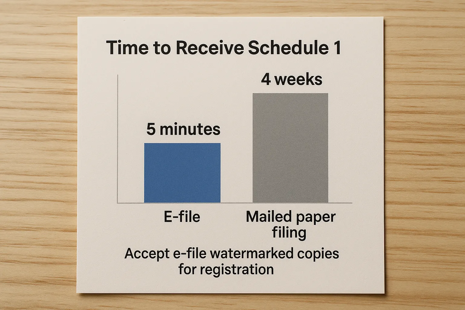 Simple bar chart comparing time to receive Schedule 1: e-file in minutes, mailed paper filing in weeks, with a note that states accept e-file watermarked copies for registration.