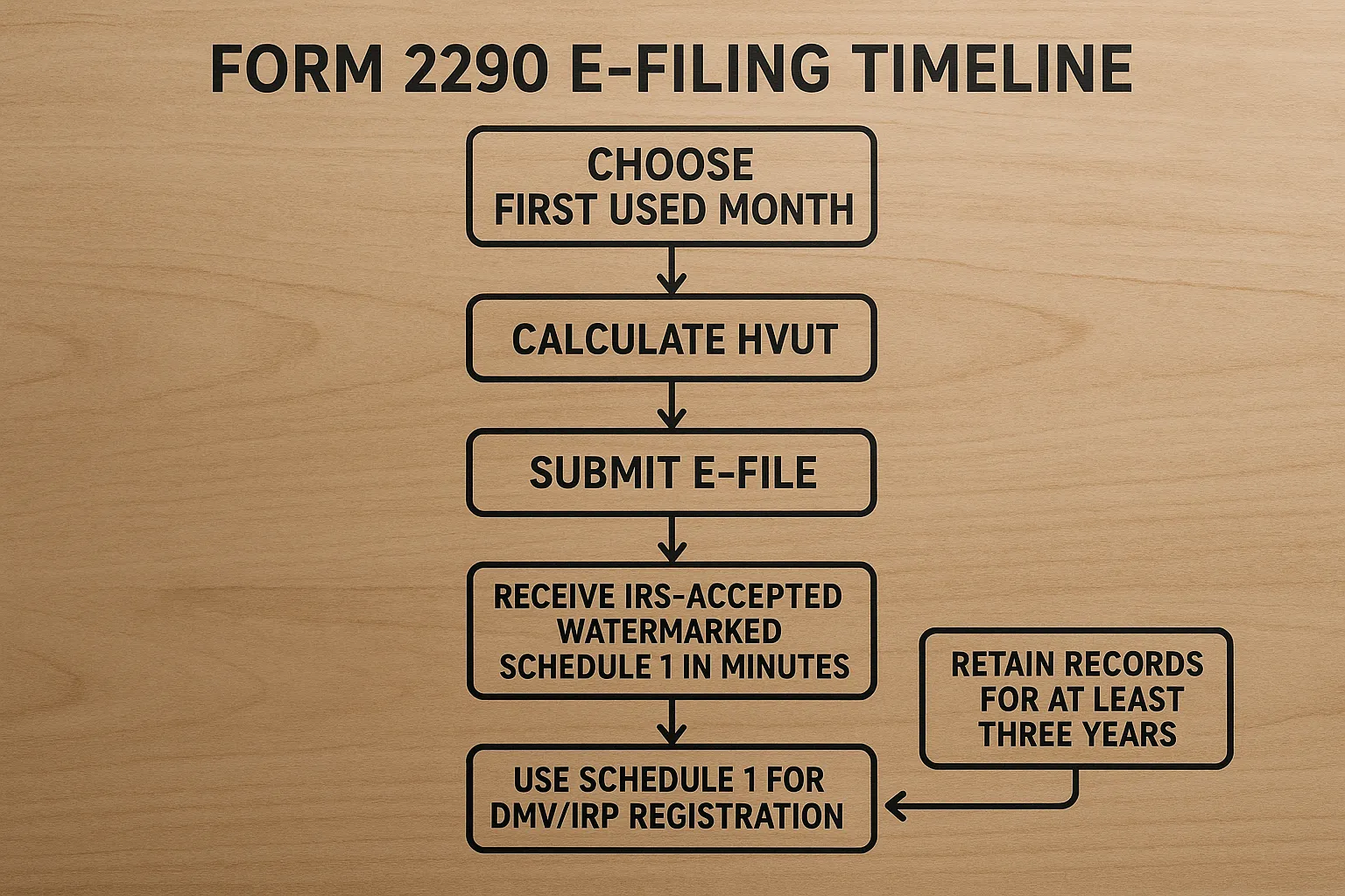Simple flowchart showing the Form 2290 e-filing timeline: choose First Used Month, calculate HVUT, submit e-file, receive IRS-accepted watermarked Schedule 1 in minutes, use Schedule 1 for DMV/IRP registration, and retain records for at least three years.