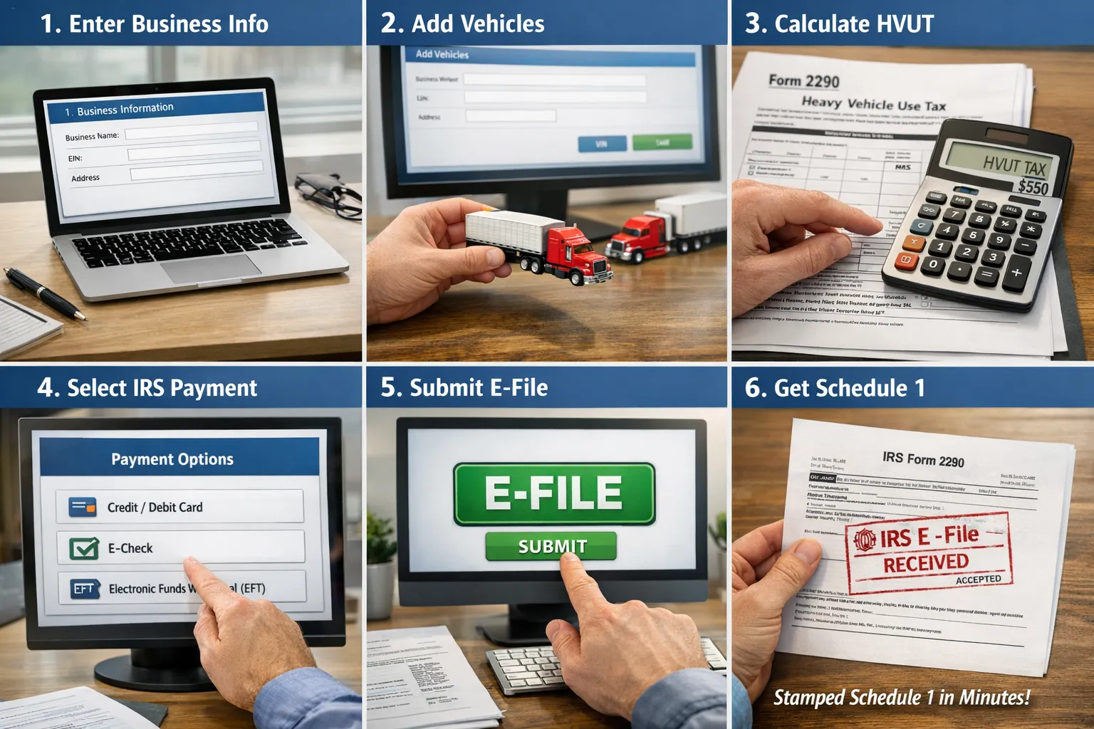 Simple visual flow showing six steps: business info, add vehicles, calculate HVUT, select IRS payment, submit e-file, receive stamped Schedule 1 in minutes after IRS acceptance.