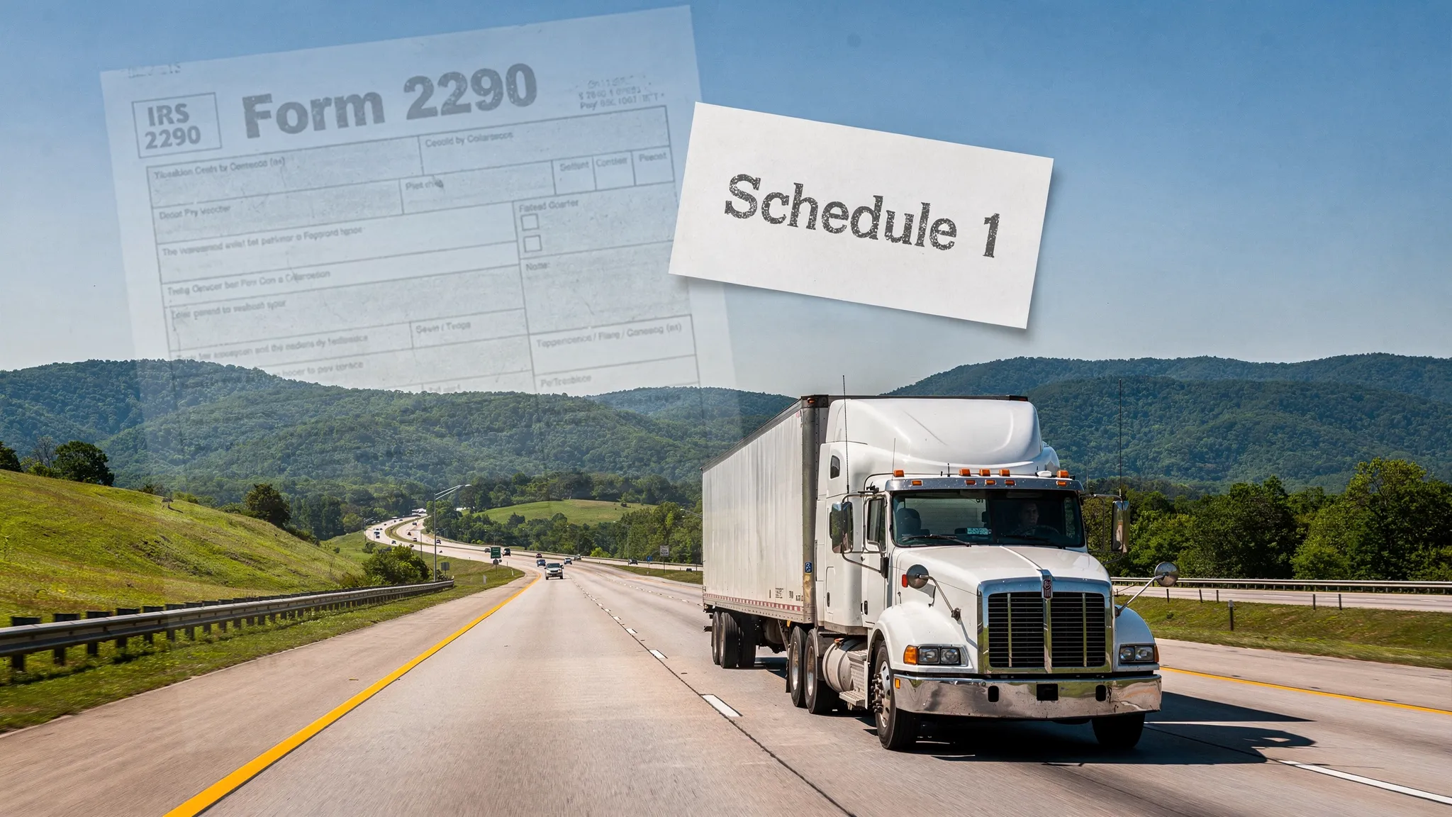 A highway scene in Tennessee with a semi truck in the foreground, a subtle outline of an IRS Form 2290 document and a stamped “Schedule 1” paper overlay, representing fast online filing and proof of HVUT payment for registration.
