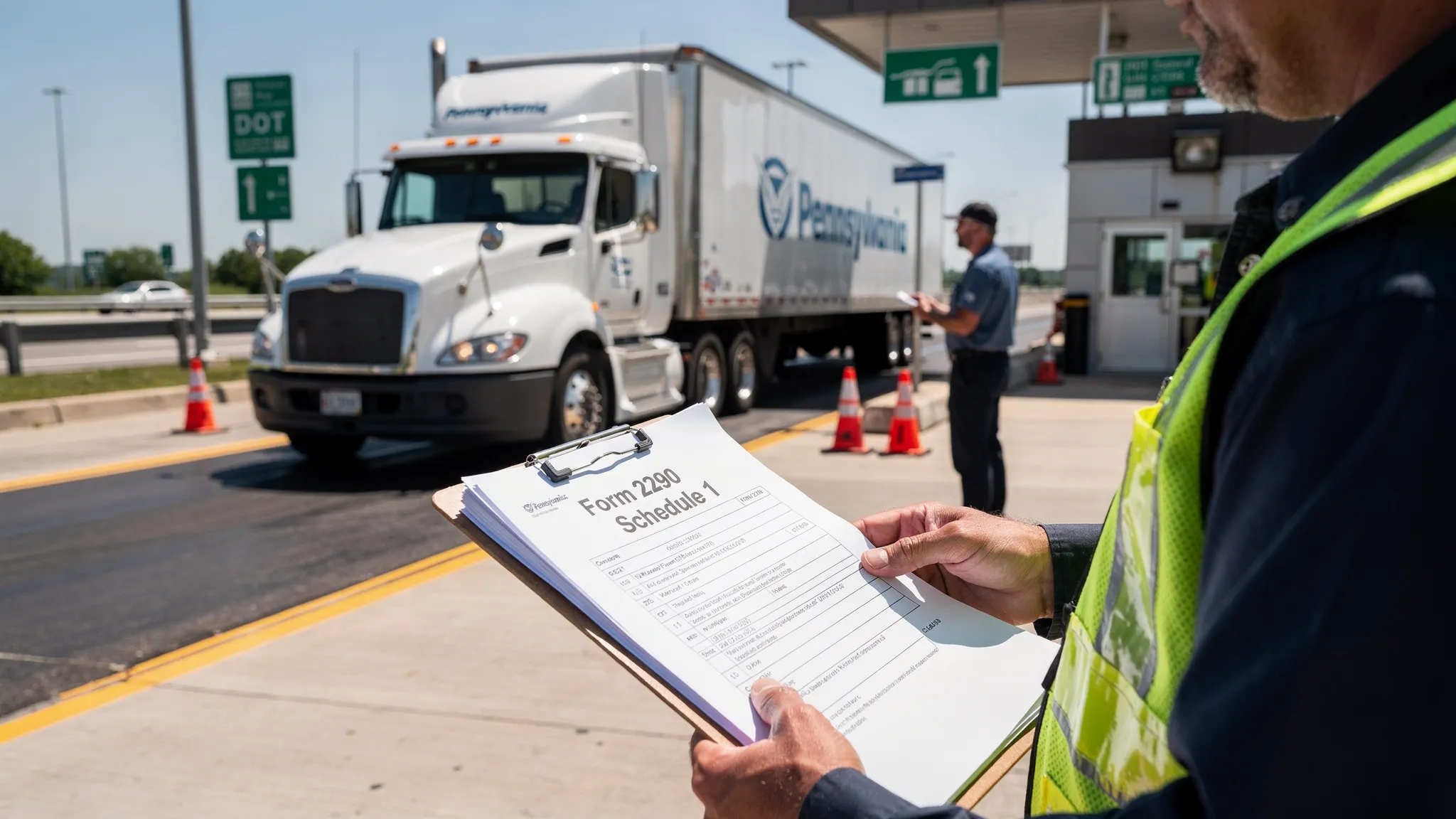 A Pennsylvania semi truck at a weigh station with a clipboard showing “Form 2290” and “Schedule 1” paperwork, emphasizing compliance and registration readiness.