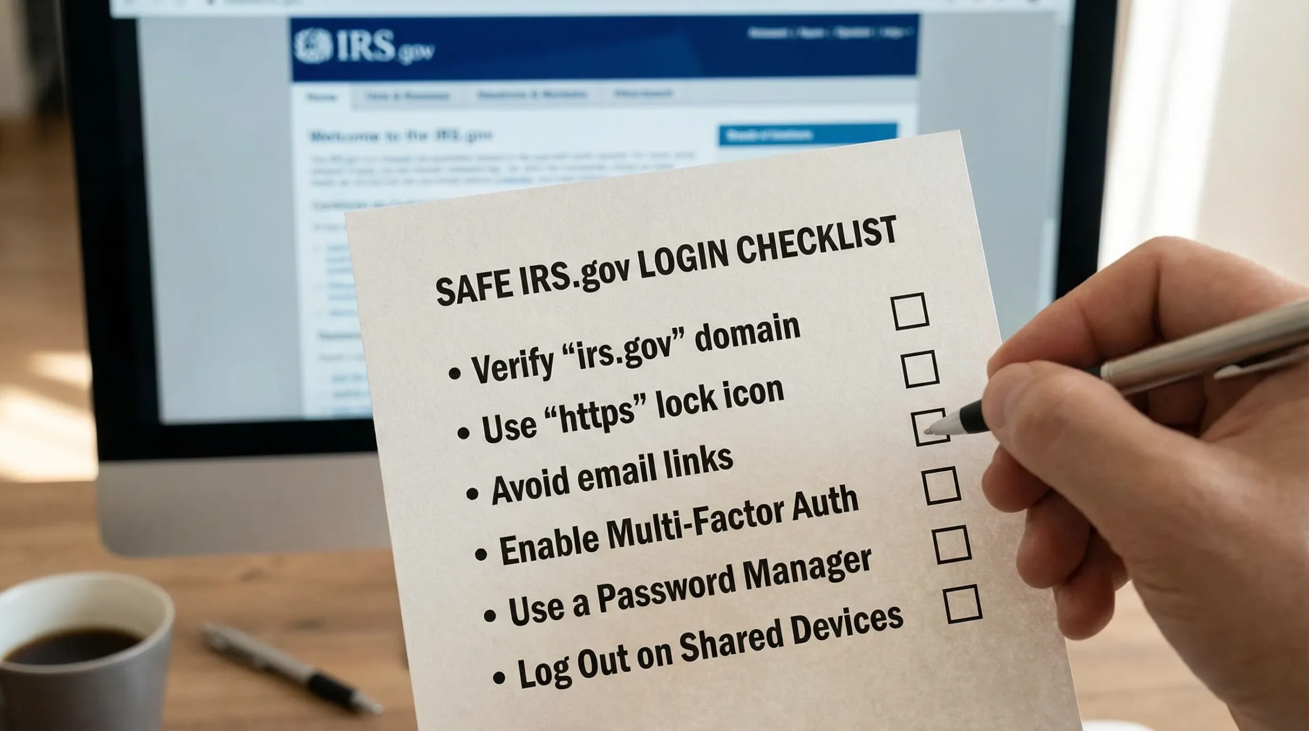 A simple checklist-style illustration for safe IRS.gov login: verify irs.gov domain, use https lock icon, avoid email links, enable multi-factor authentication, use a password manager, and log out on shared devices.