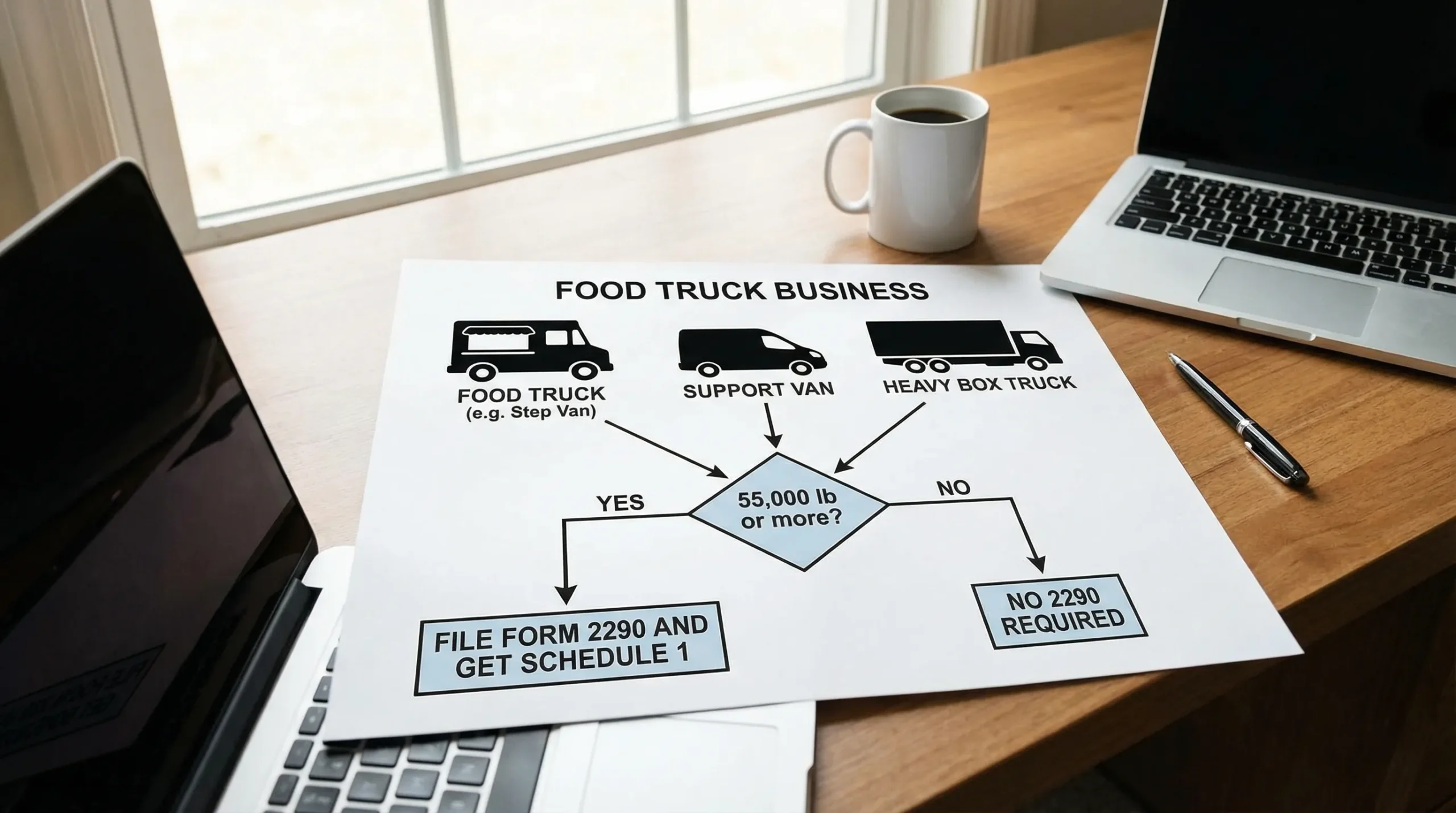 A simple flowchart showing a food truck business with three vehicle types (food truck, support van, heavy box truck) and a decision path based on “55,000 lb or more?” leading to “File Form 2290 and get Schedule 1” or “No 2290 required.”