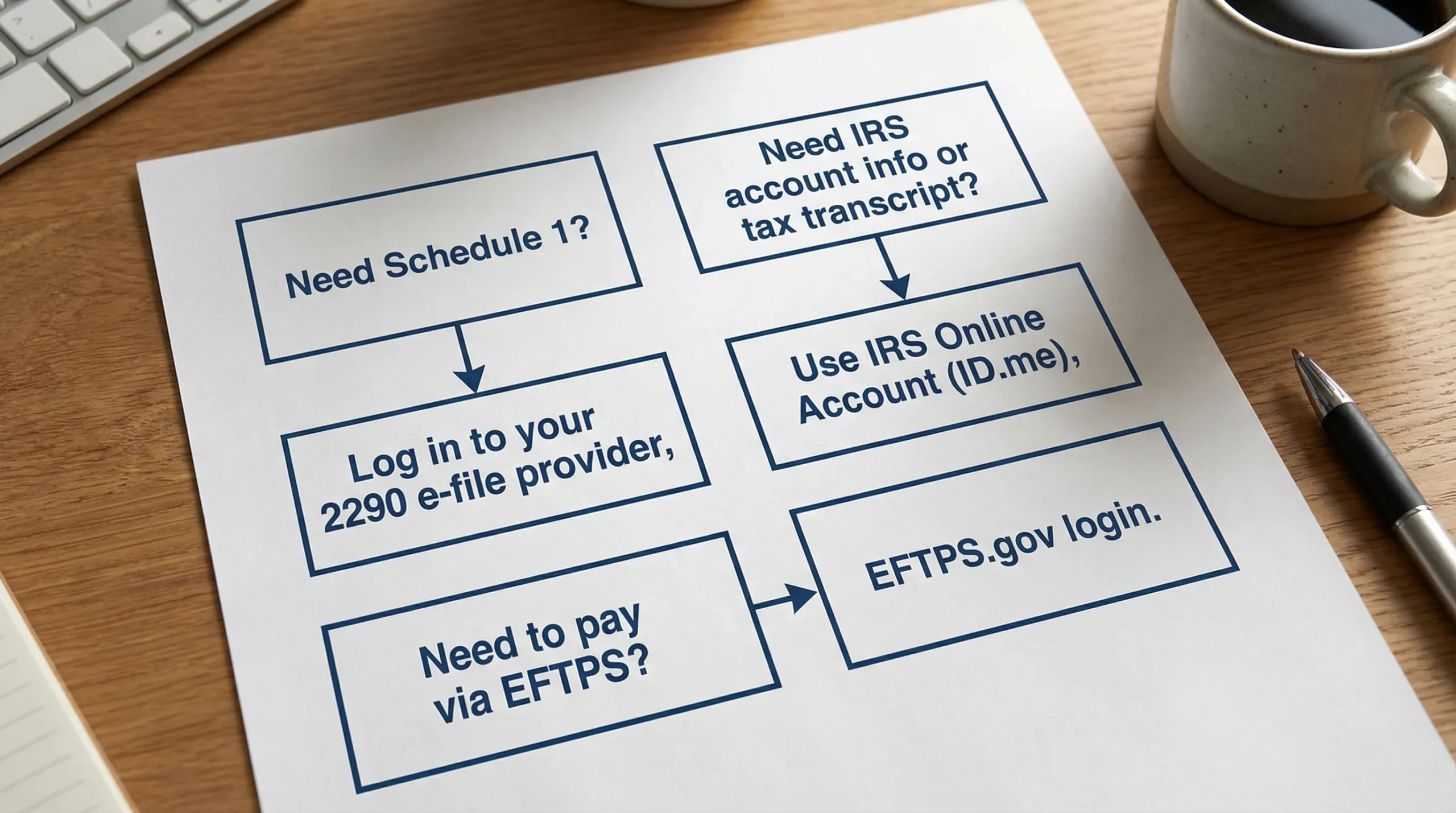 A simple flowchart with four boxes: “Need Schedule 1?” leading to “Log in to your 2290 e-file provider,” and “Need IRS account info or tax transcript?” leading to “Use IRS Online Account (ID.me),” plus a box for “Need to pay via EFTPS?” leading to “EFTPS.gov login.” The diagram is clean and easy to read.