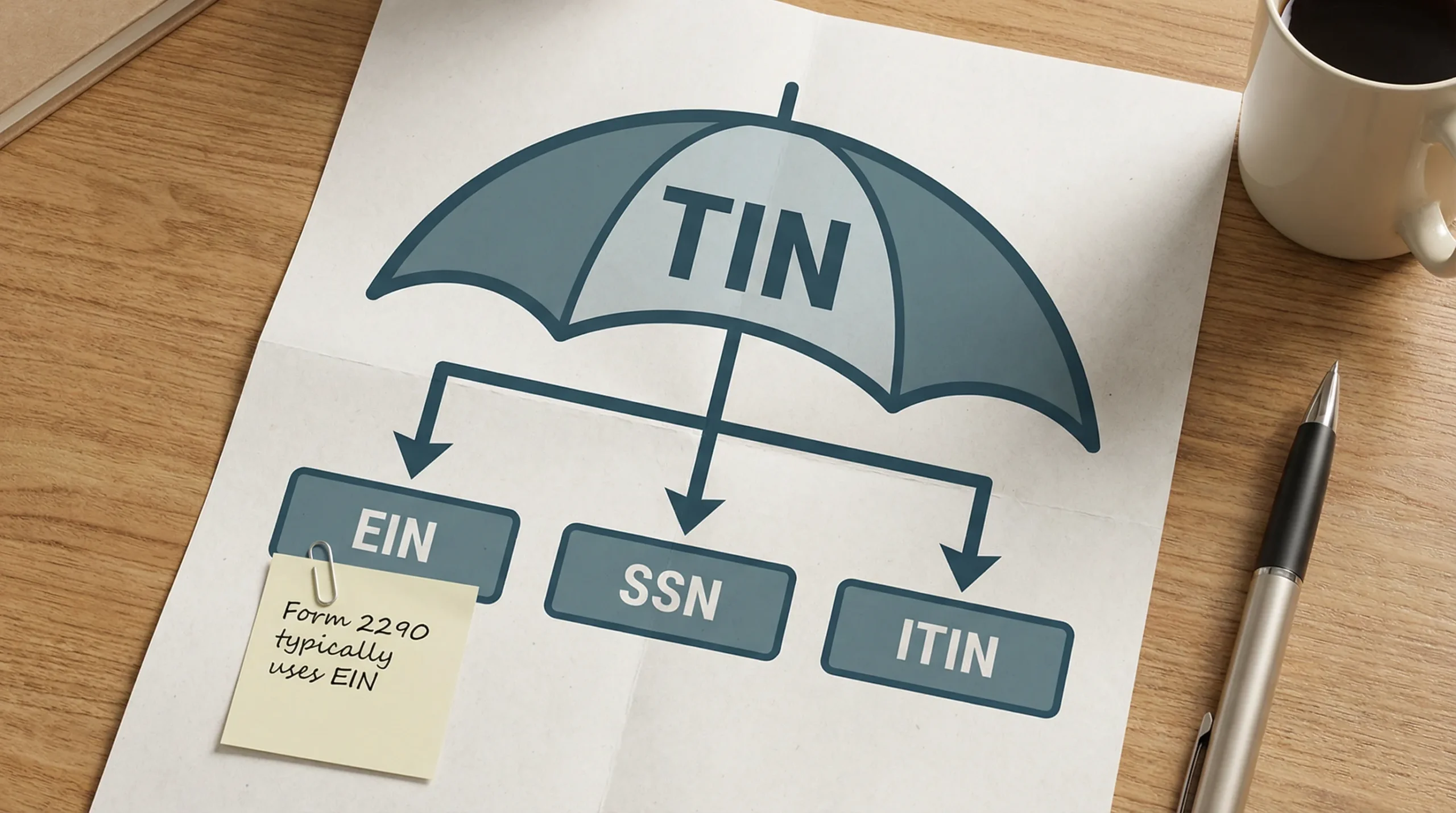 A simple infographic showing “TIN” as a large umbrella category, with smaller labeled boxes under it for EIN, SSN, and ITIN, plus a small note that Form 2290 typically uses EIN.