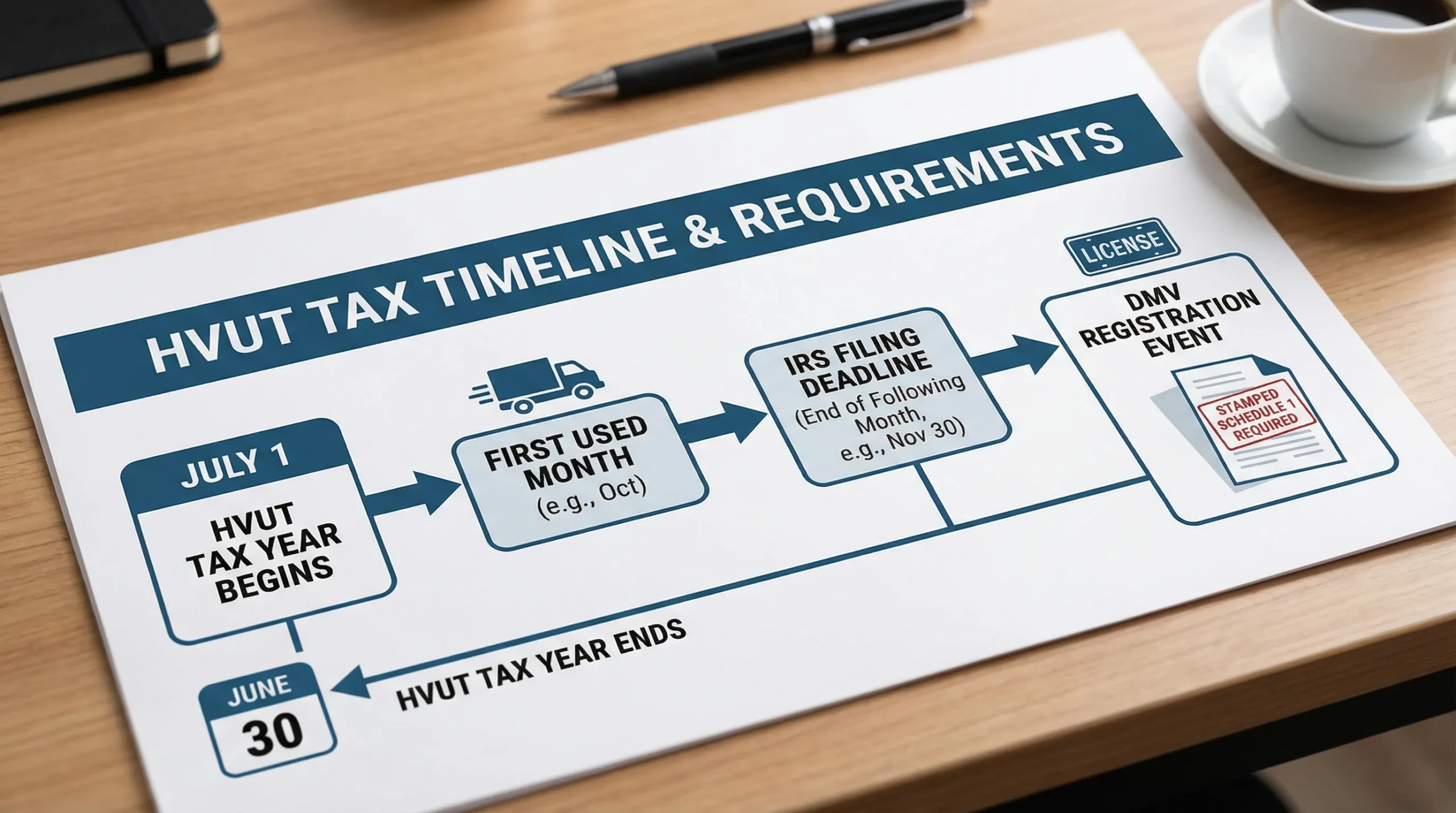 A simple timeline infographic showing the HVUT tax year (July 1 to June 30), the “first used month” concept, the IRS filing deadline (end of following month), and the DMV registration event where a stamped Schedule 1 is required.