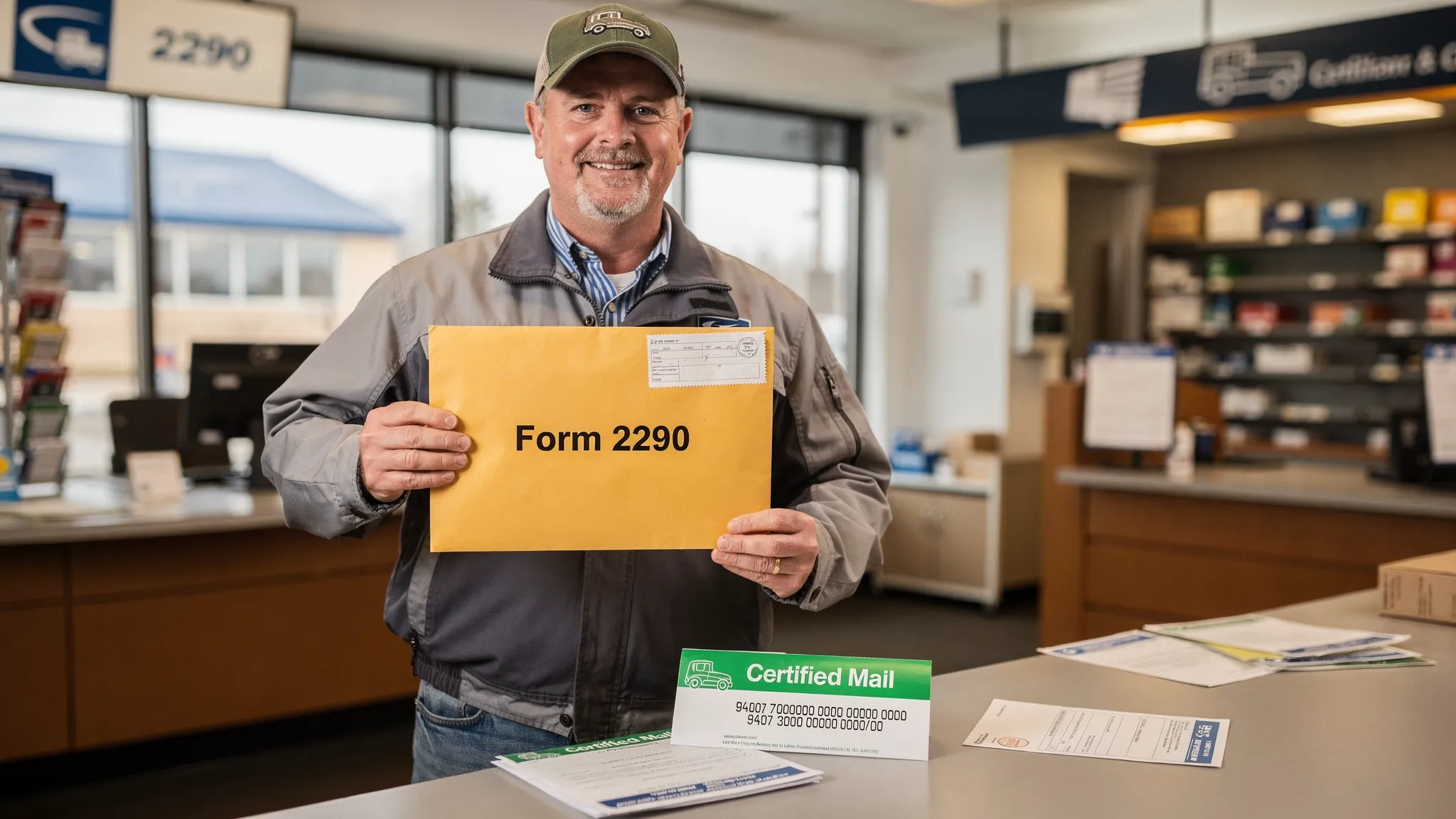 A truck owner at a post office counter holding a large envelope labeled “Form 2290,” with a certified mail receipt and tracking number visible on the counter.