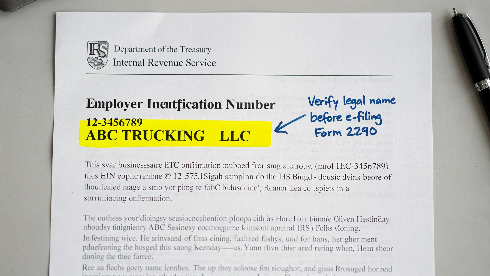 A close-up of an EIN confirmation letter (CP 575 style) with the business name and EIN clearly visible, and a highlighted area indicating where filers should verify the legal name spelling before e-filing Form 2290.
