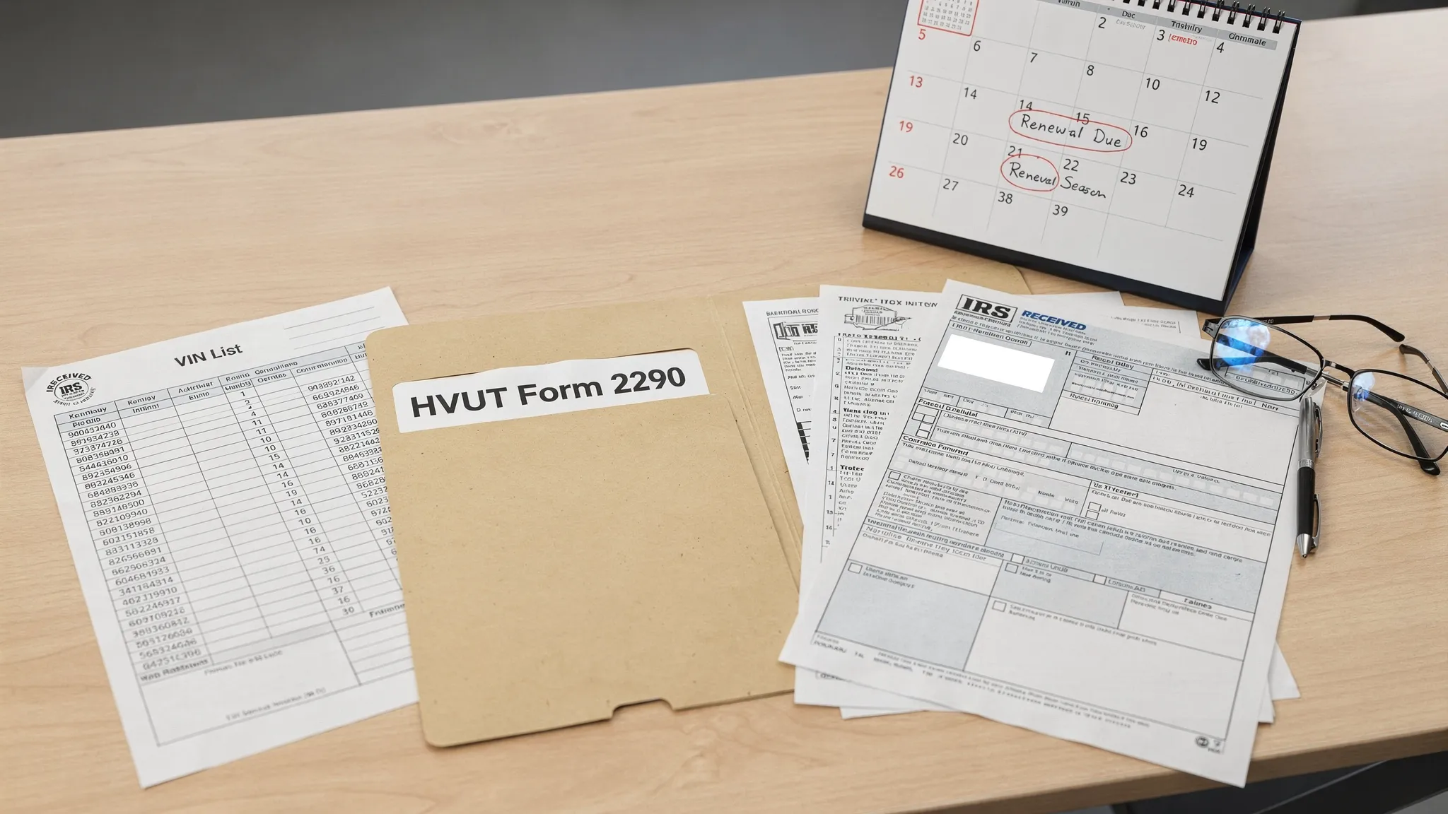 A neat trucking compliance records setup on a desk: a labeled folder for “HVUT Form 2290,” printed Schedule 1 pages with a visible IRS-style stamp area, a VIN list sheet, and a calendar showing renewal season.