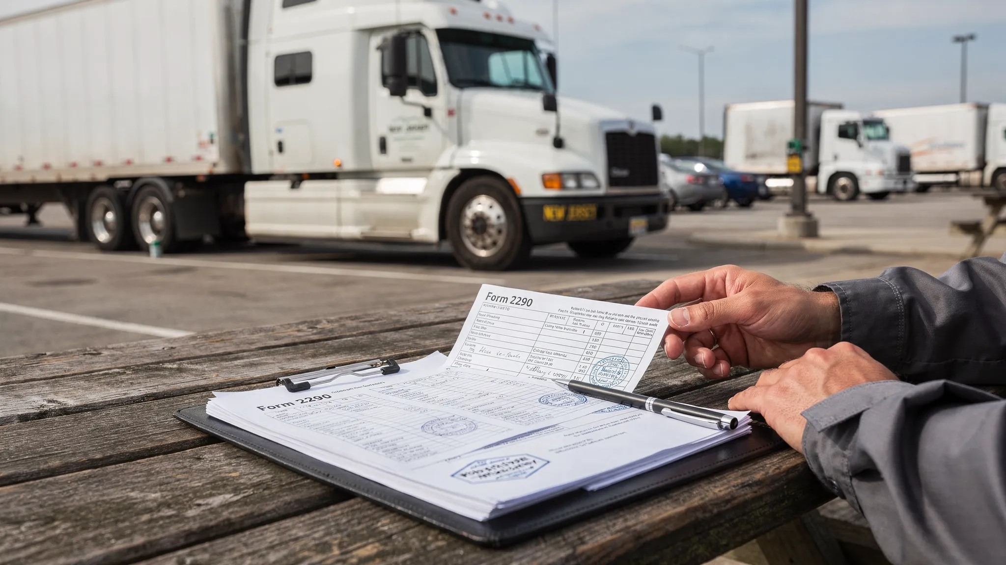 A New Jersey semi truck at a highway rest stop with paperwork on a clipboard in the foreground, representing filing Form 2290 and receiving a stamped Schedule 1 for registration.