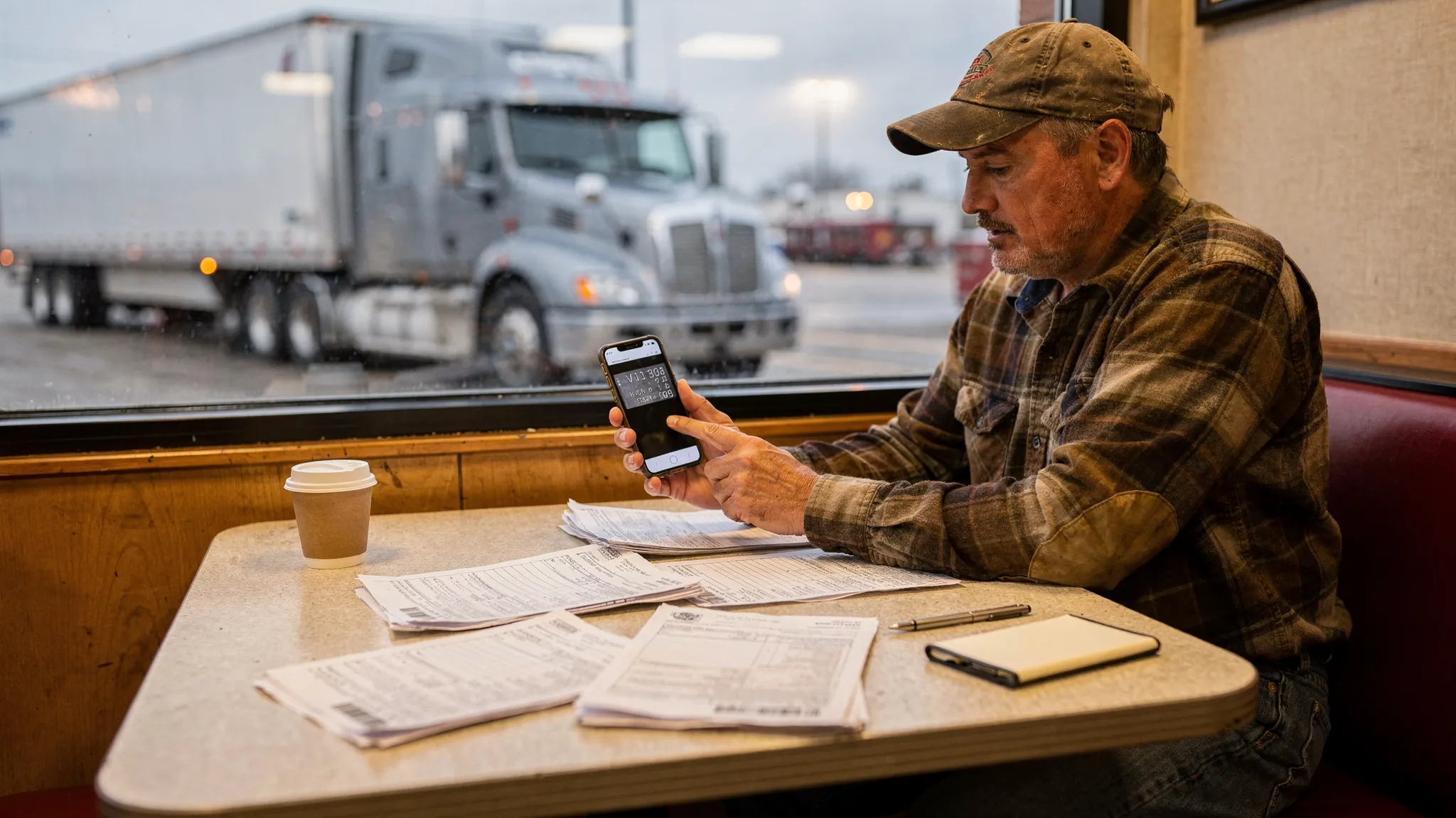 A owner-operator sitting at a truck stop table reviewing a small stack of tax documents and a VIN plate photo on a phone, with a semi truck parked outside the window.