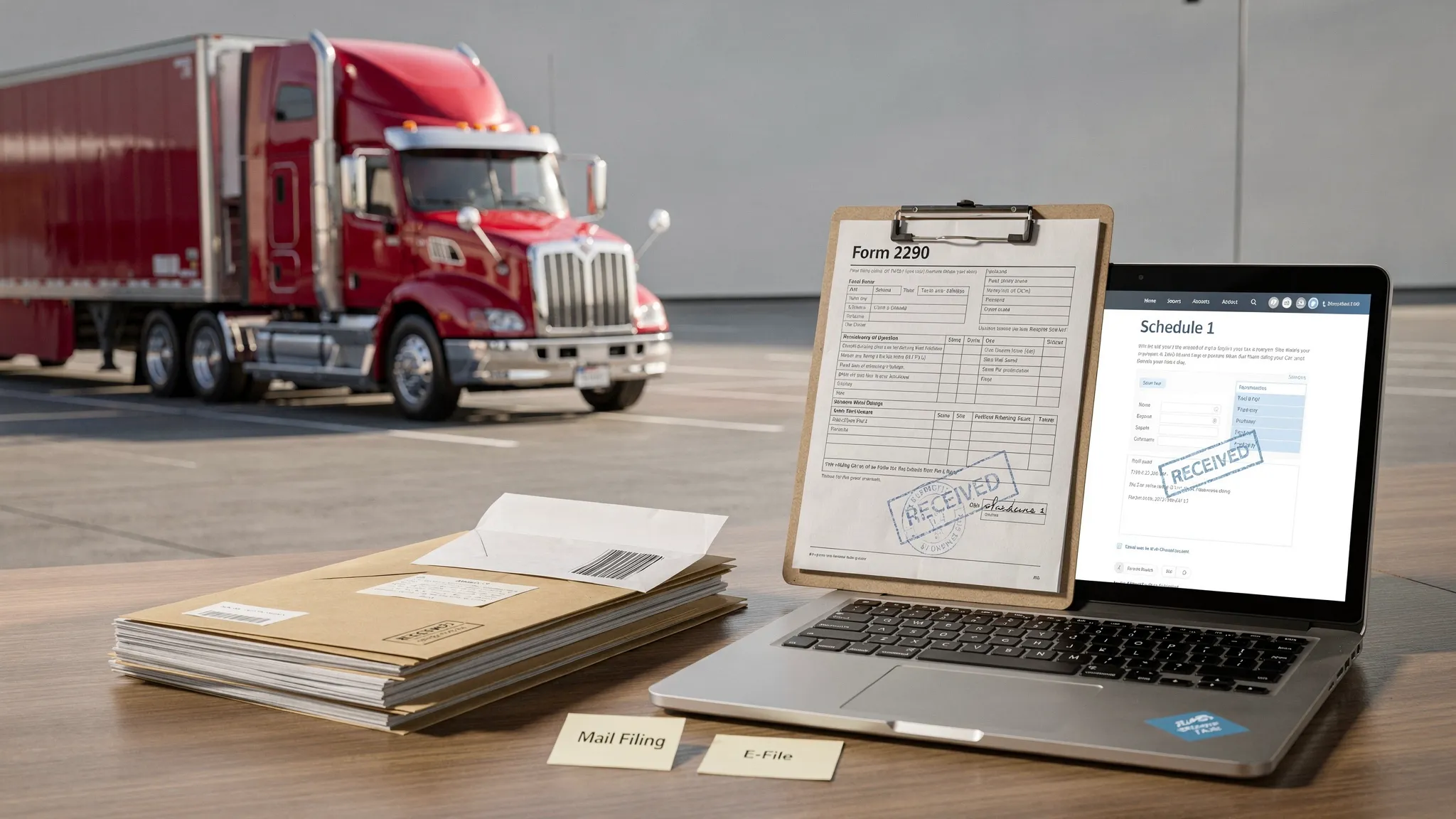 A semi truck parked beside a clipboard with Form 2290 and a stamped Schedule 1 document, illustrating HVUT filing choices between mail and e-file.