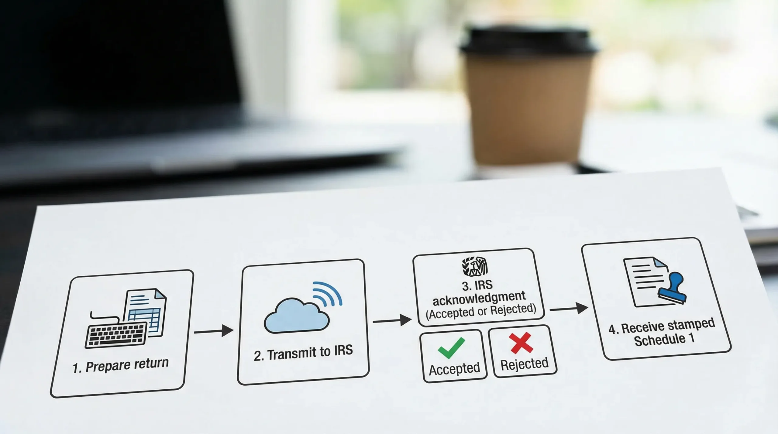 A simple 4-step flow diagram showing how IRS e-filing works for Form 2290: Prepare return, Transmit to IRS, IRS acknowledgment (Accepted or Rejected), Receive stamped Schedule 1.