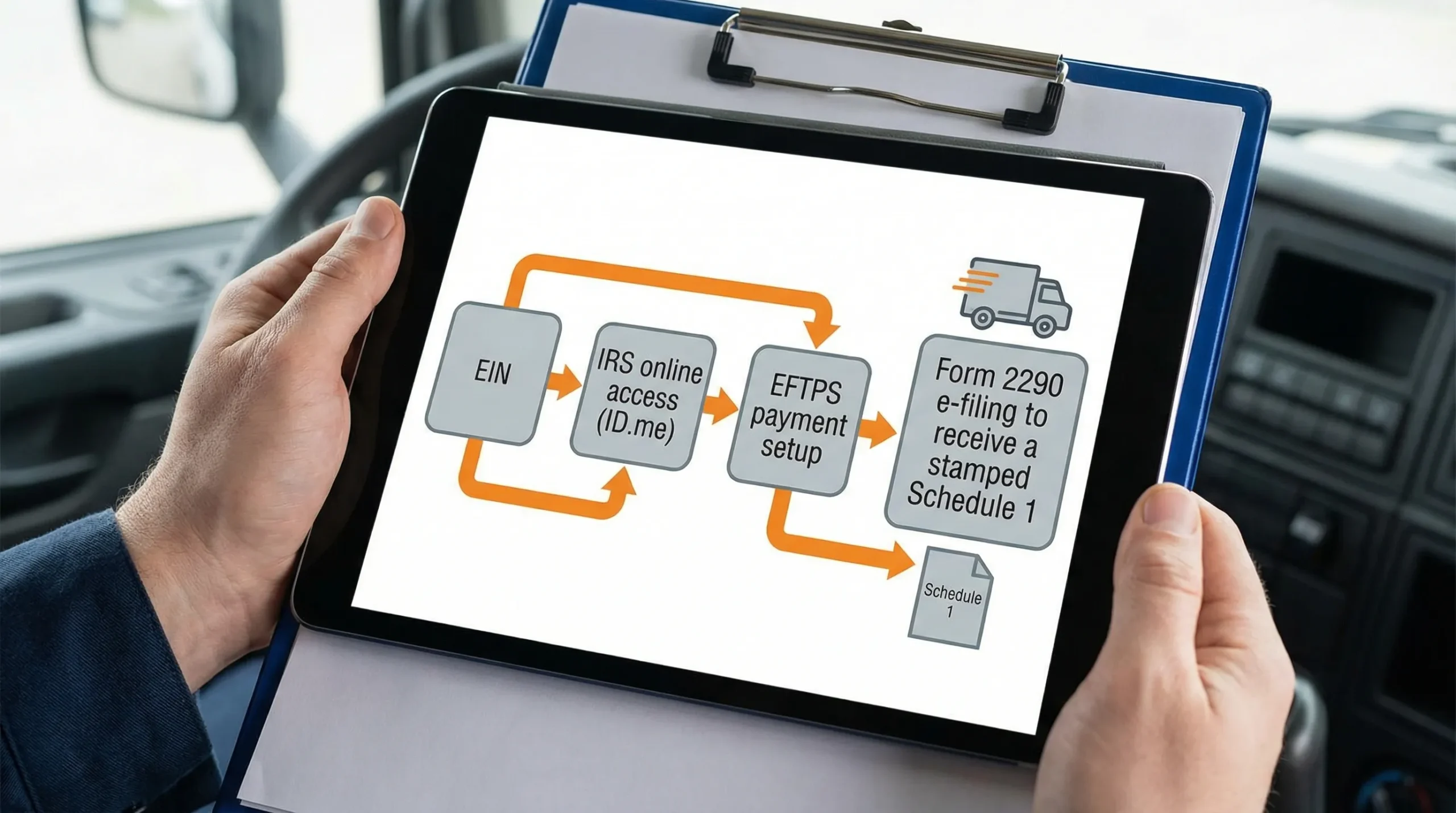 A simple checklist-style illustration showing four boxes connected by arrows: EIN, IRS online access (ID.me), EFTPS payment setup, and Form 2290 e-filing to receive a stamped Schedule 1. The scene is trucking-themed with a small truck icon and a document icon labeled Schedule 1.