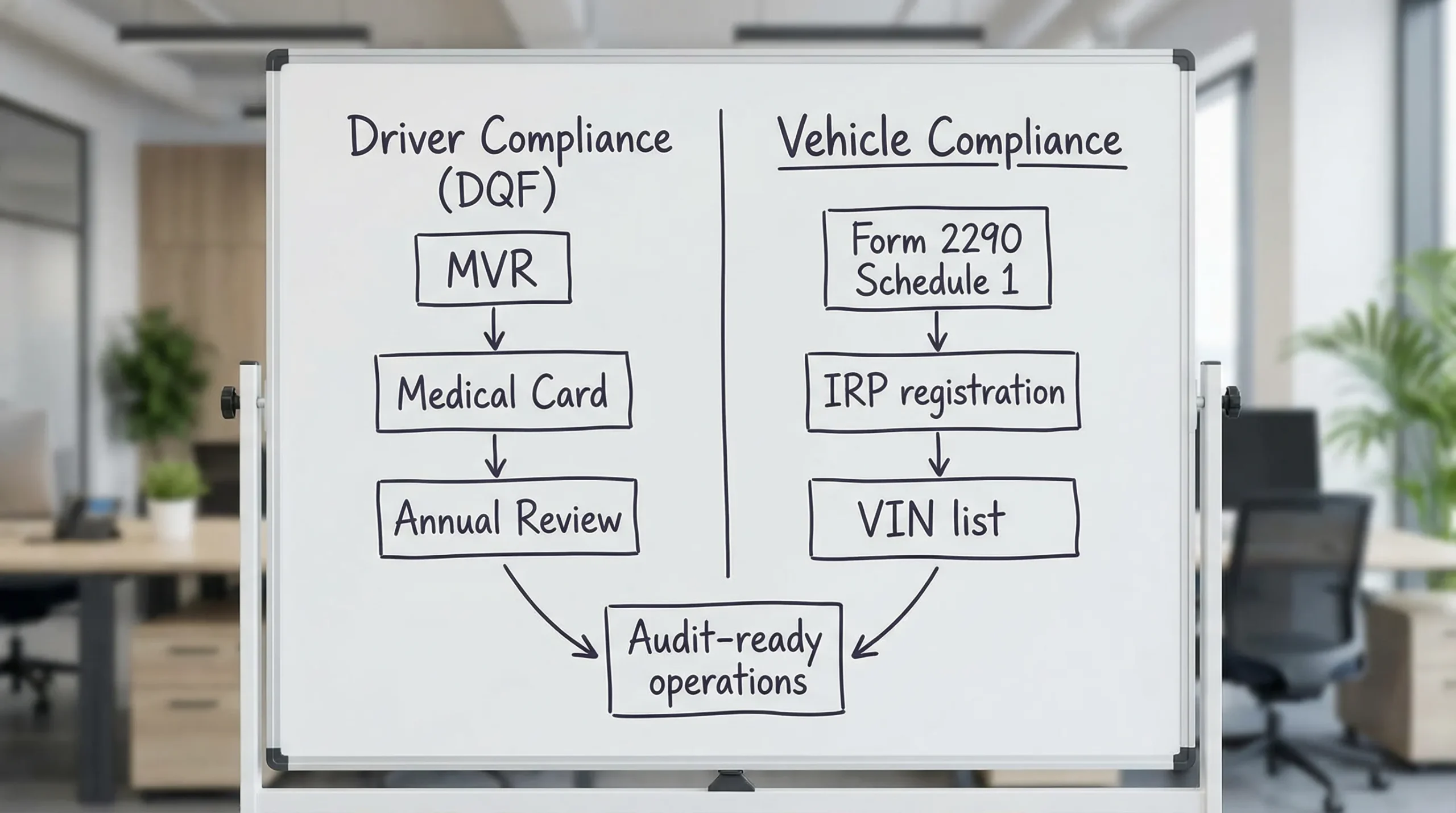 A simple compliance workflow diagram showing two lanes: Driver Compliance (DQF: MVR, Medical Card, Annual Review) and Vehicle Compliance (Form 2290 Schedule 1, IRP registration, VIN list). Each lane ends at “Audit-ready operations.”