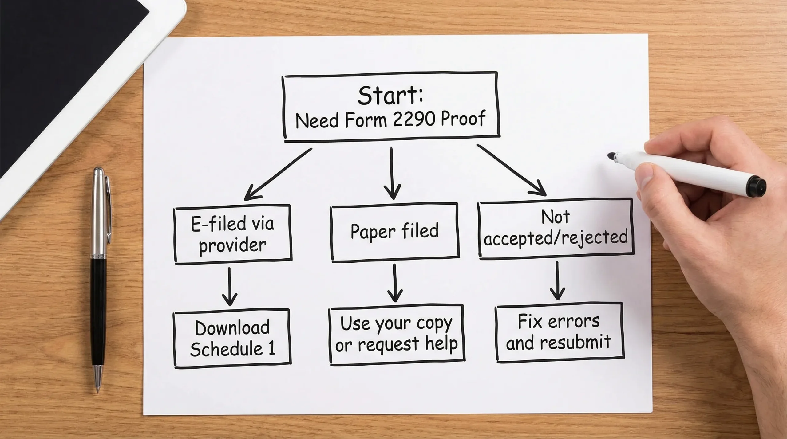 A simple decision flowchart showing three paths to retrieve Form 2290 proof: “E-filed via provider” (download Schedule 1), “Paper filed” (use your copy or request help), and “Not accepted/rejected” (fix errors and resubmit).