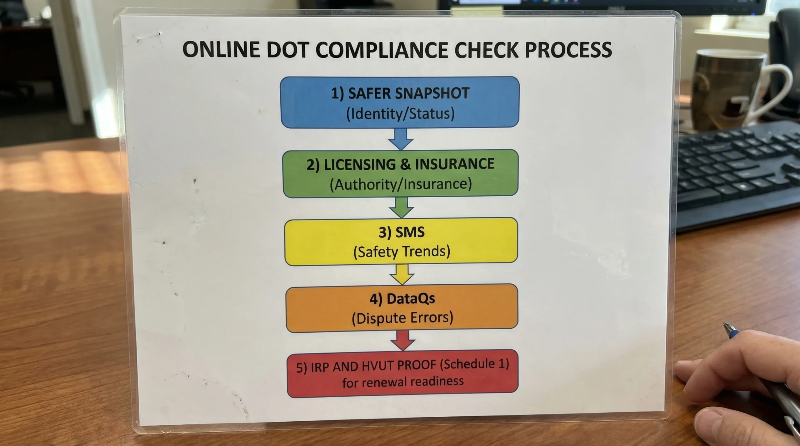 A simple flow chart showing the online DOT compliance check process: 1) SAFER snapshot (identity/status), 2) Licensing & Insurance (authority/insurance), 3) SMS (safety trends), 4) DataQs (dispute errors), 5) IRP and HVUT proof (Schedule 1) for renewal readiness.