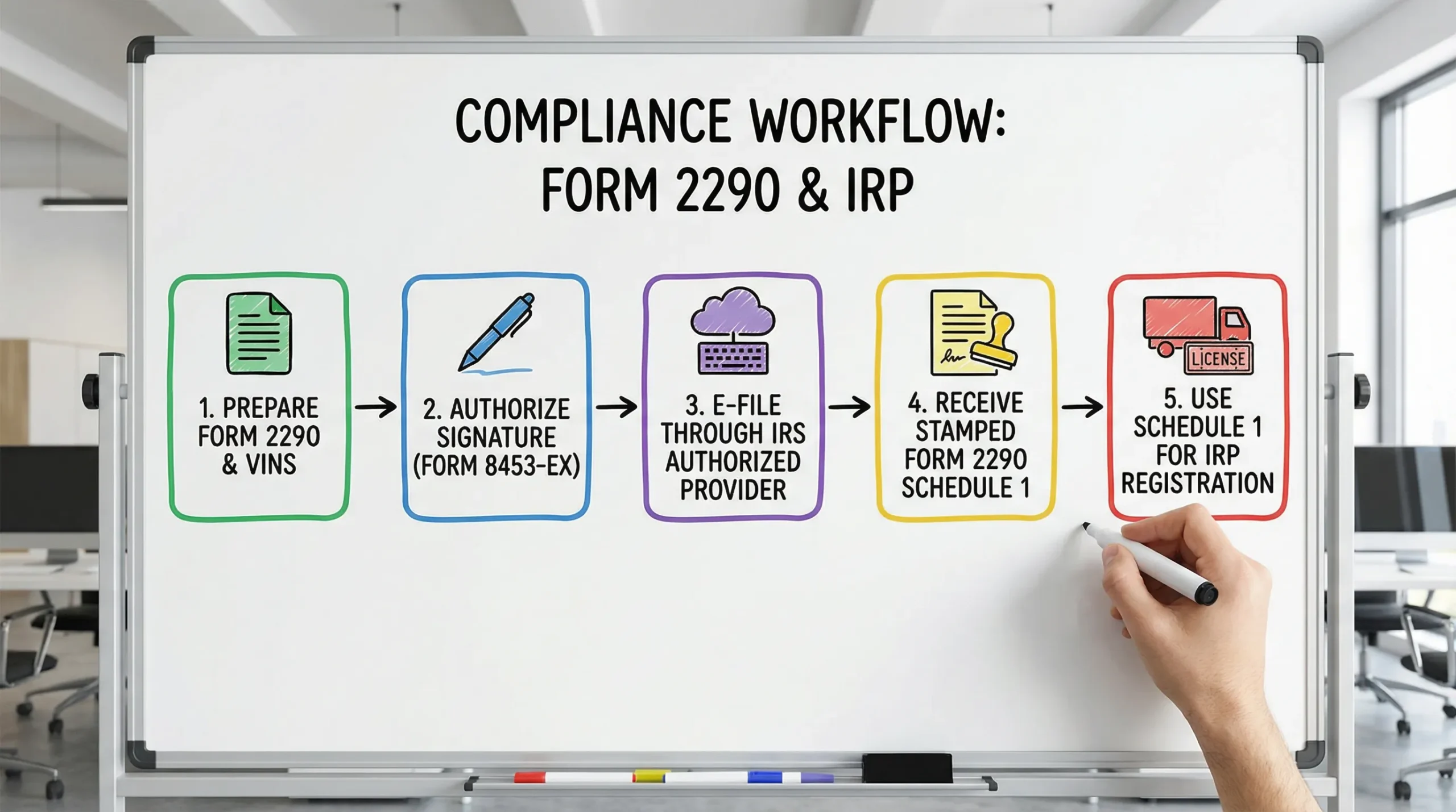 A simple flow diagram showing the compliance workflow: prepare Form 2290 and VINs, authorize signature via Form 8453-EX, e-file through an IRS authorized provider, receive stamped Form 2290 Schedule 1, use Schedule 1 for IRP registration.