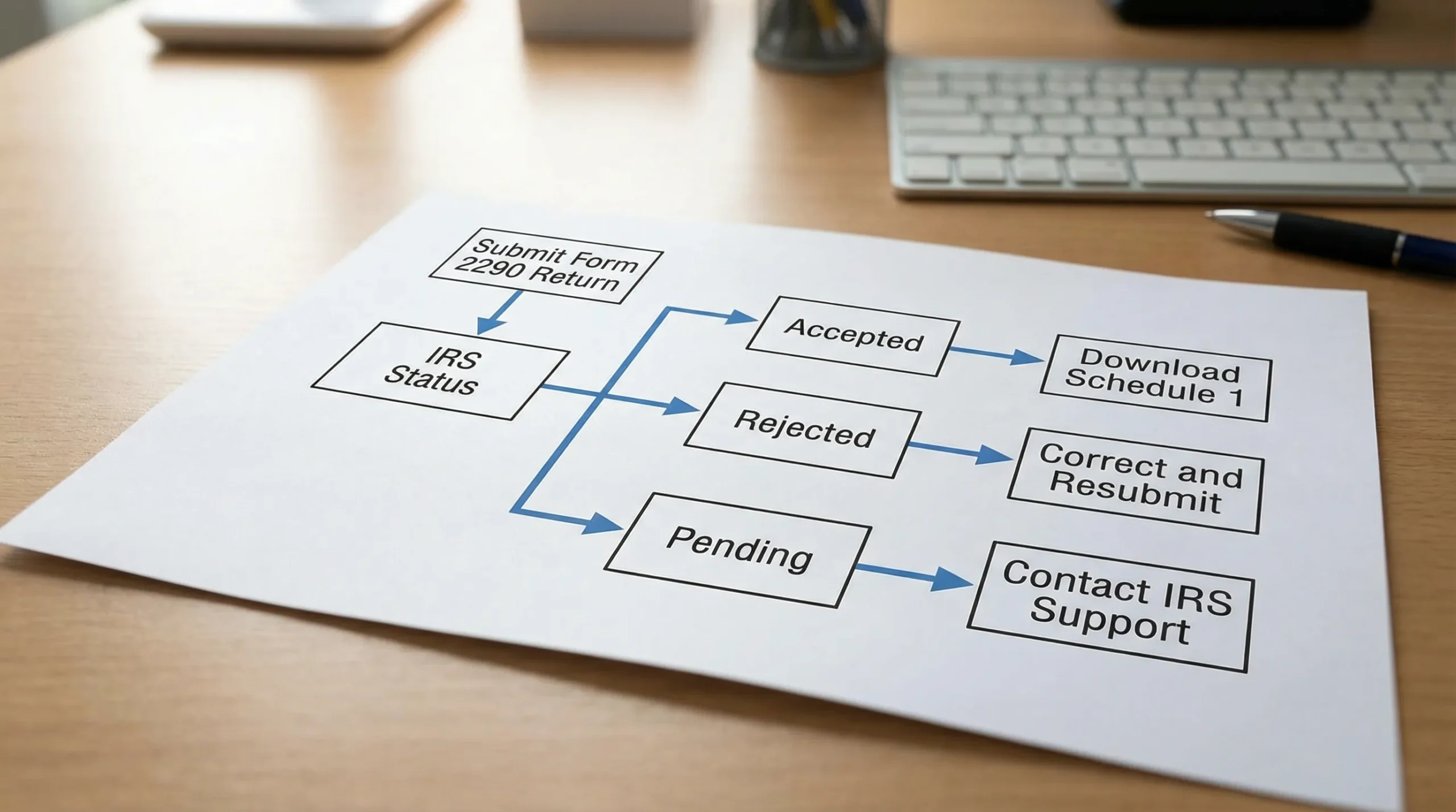 A simple flowchart showing Form 2290 outcomes: Submit return, IRS status (Accepted, Rejected, Pending), then next steps (download Schedule 1, correct and resubmit, or contact support) with three clear branches.