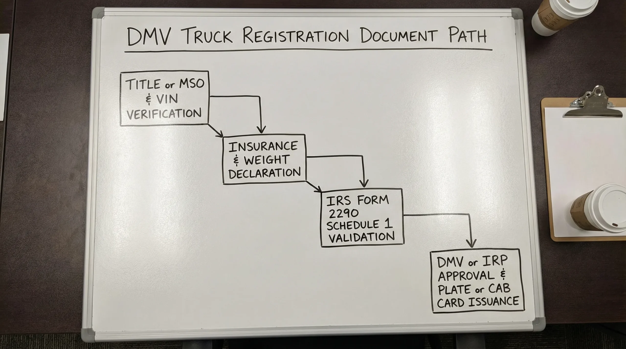 A simple flowchart showing the DMV truck registration document path: Title or MSO and VIN verification, then insurance and weight declaration, then IRS Form 2290 Schedule 1 validation, then DMV or IRP approval and plate or cab card issuance.
