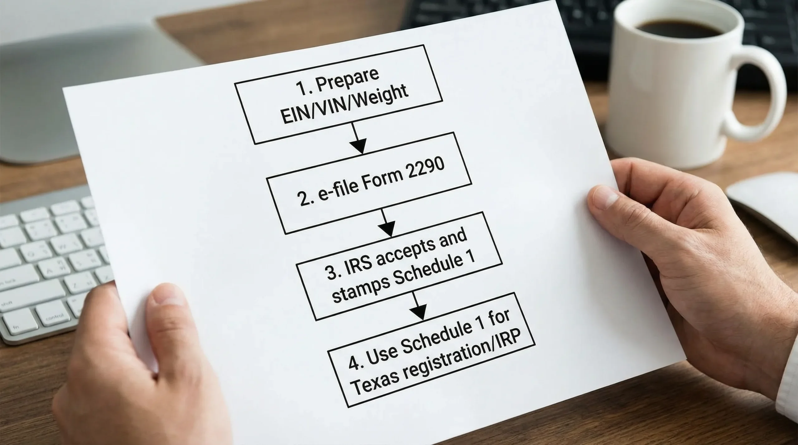 A simple four-step flow diagram showing: Prepare EIN/VIN/weight, e-file Form 2290, IRS accepts and stamps Schedule 1, use Schedule 1 for Texas registration/IRP.