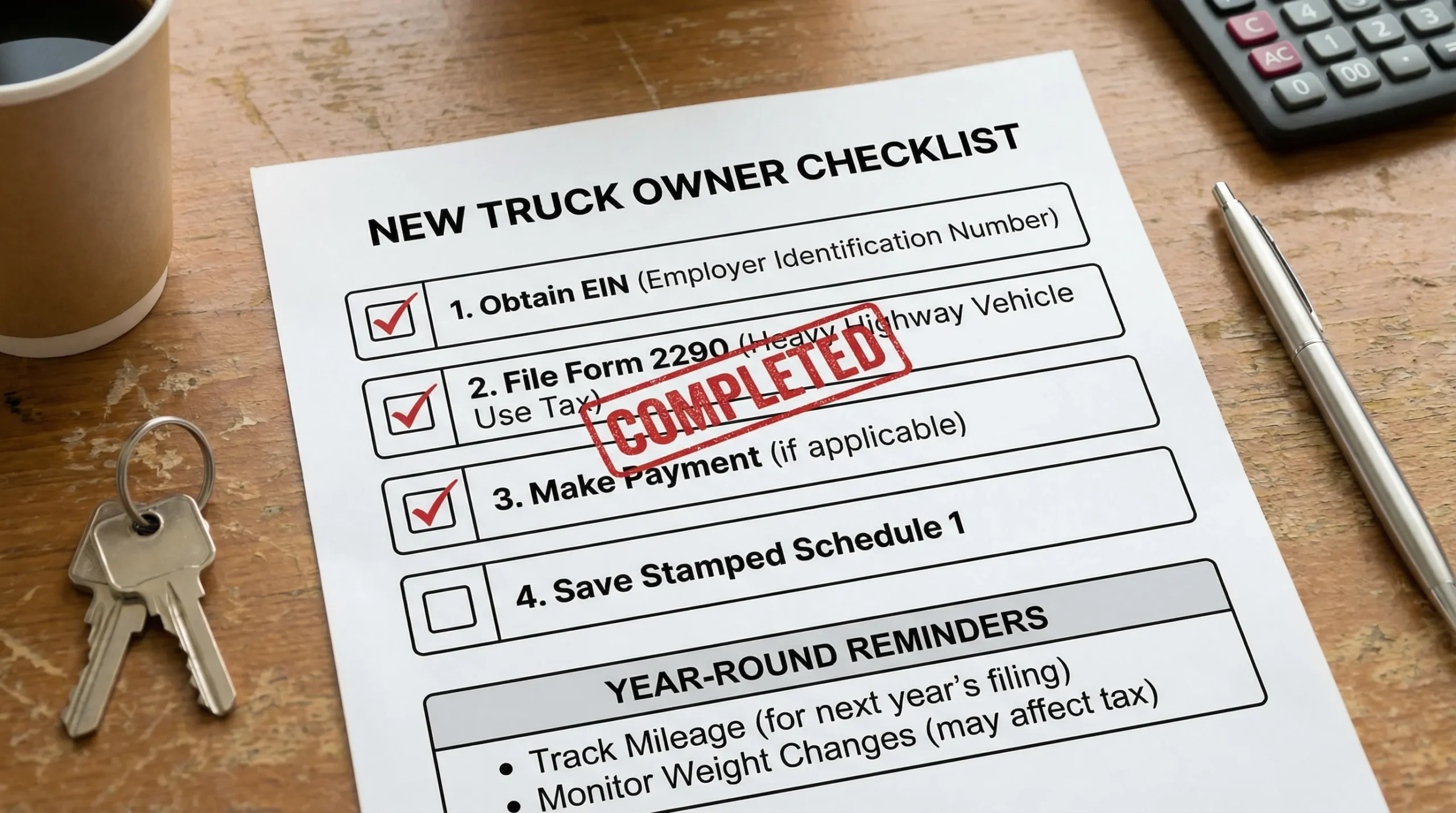 A simple one-page checklist visual for new truck owners showing EIN, Form 2290 filing, payment, and saving stamped Schedule 1, plus year-round reminders like tracking mileage and weight changes.