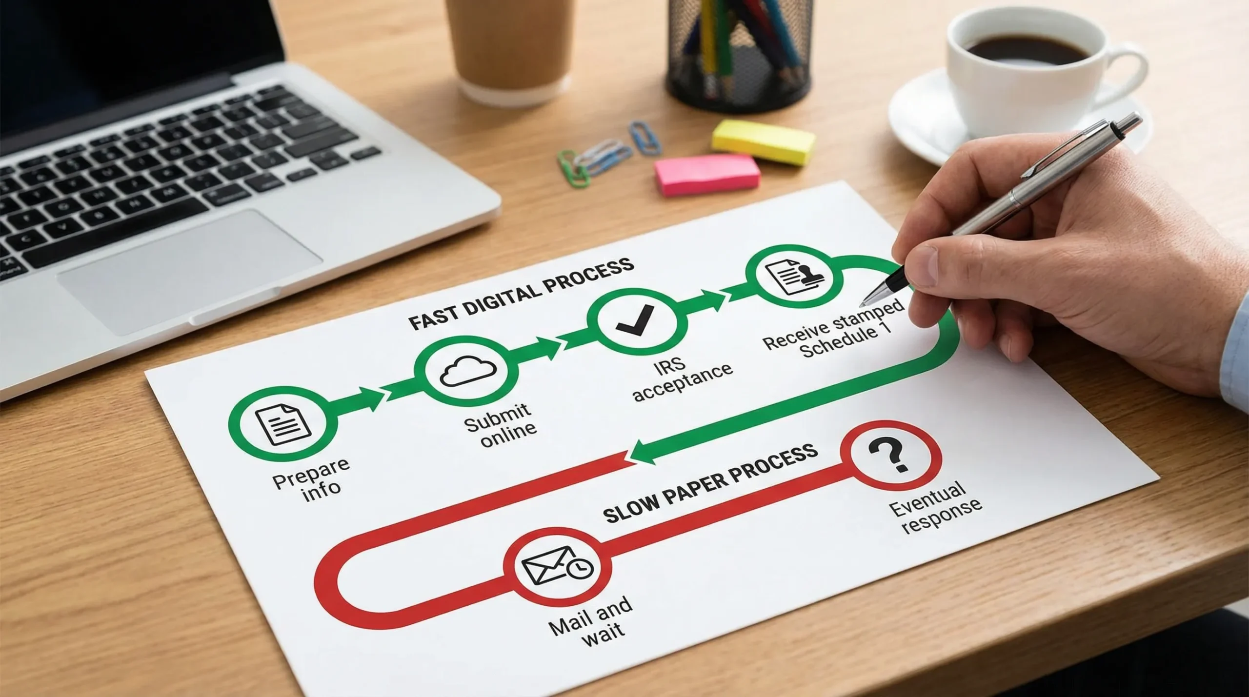 A simple timeline graphic showing “Prepare info”, “Submit online”, “IRS acceptance”, and “Receive stamped Schedule 1”, emphasizing speed compared with a longer “Mail and wait” path.