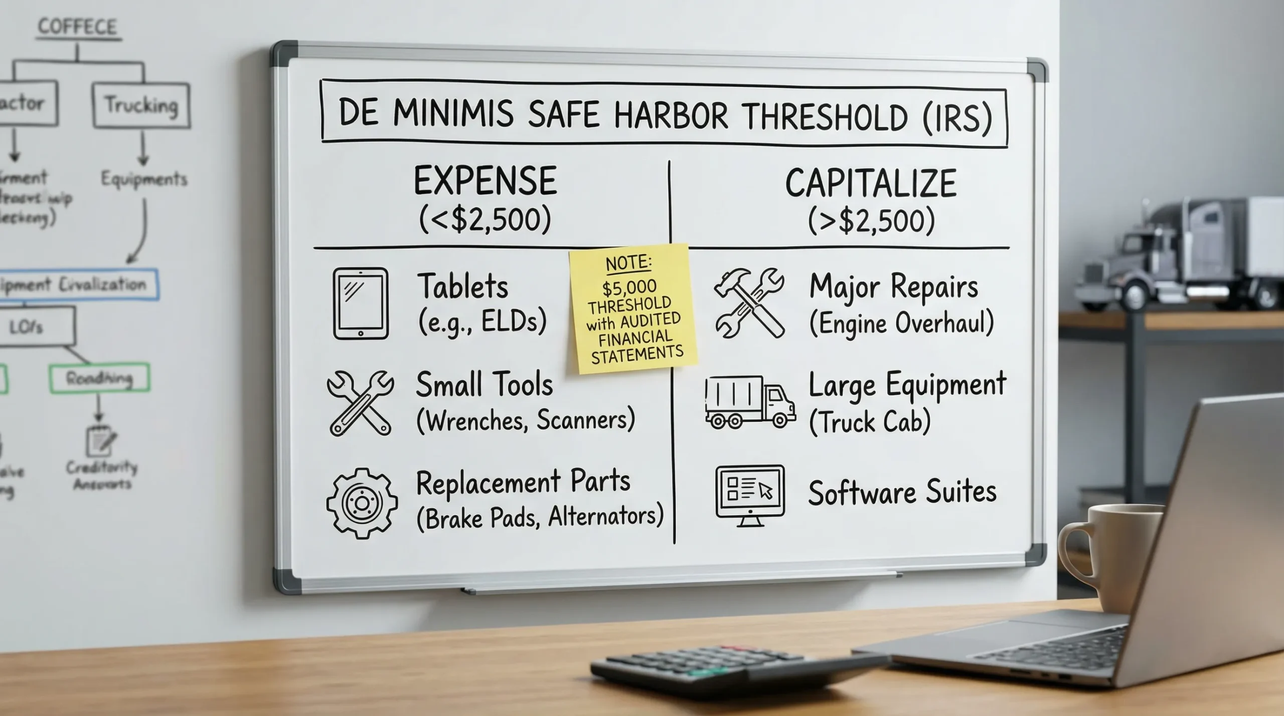 A simple visual showing the $2,500 de minimis safe harbor threshold for expensing vs capitalizing, with examples relevant to trucking such as tablets, small tools, and replacement parts, plus a note that $5,000 may apply with audited financial statements.