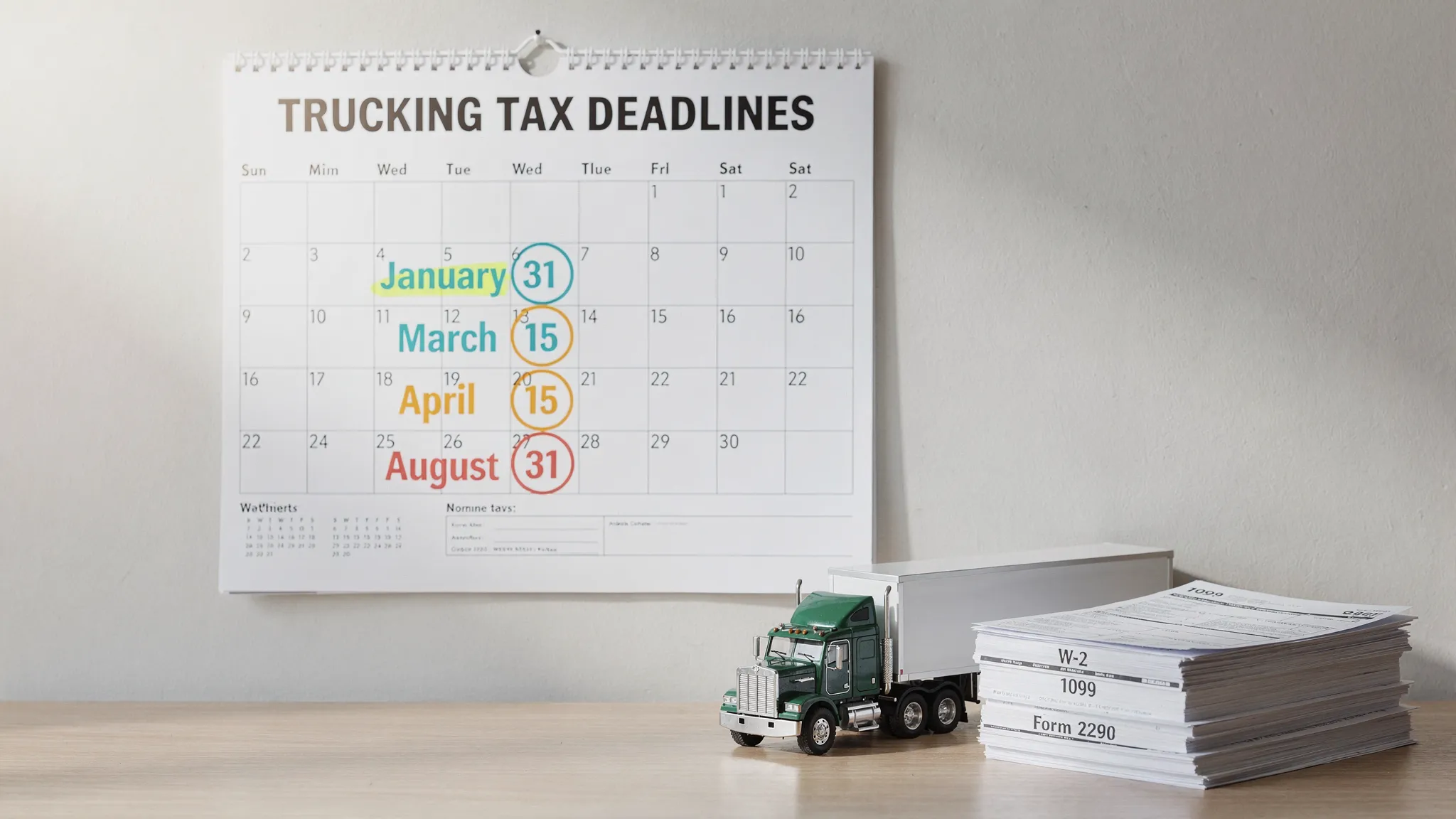 A simple wall calendar labeled “Trucking Tax Deadlines” with highlighted dates for Jan 31, Mar 15, Apr 15, and Aug 31. A small semi-truck and paperwork (W-2, 1099, Form 2290) sit beside the calendar to represent key IRS filings.