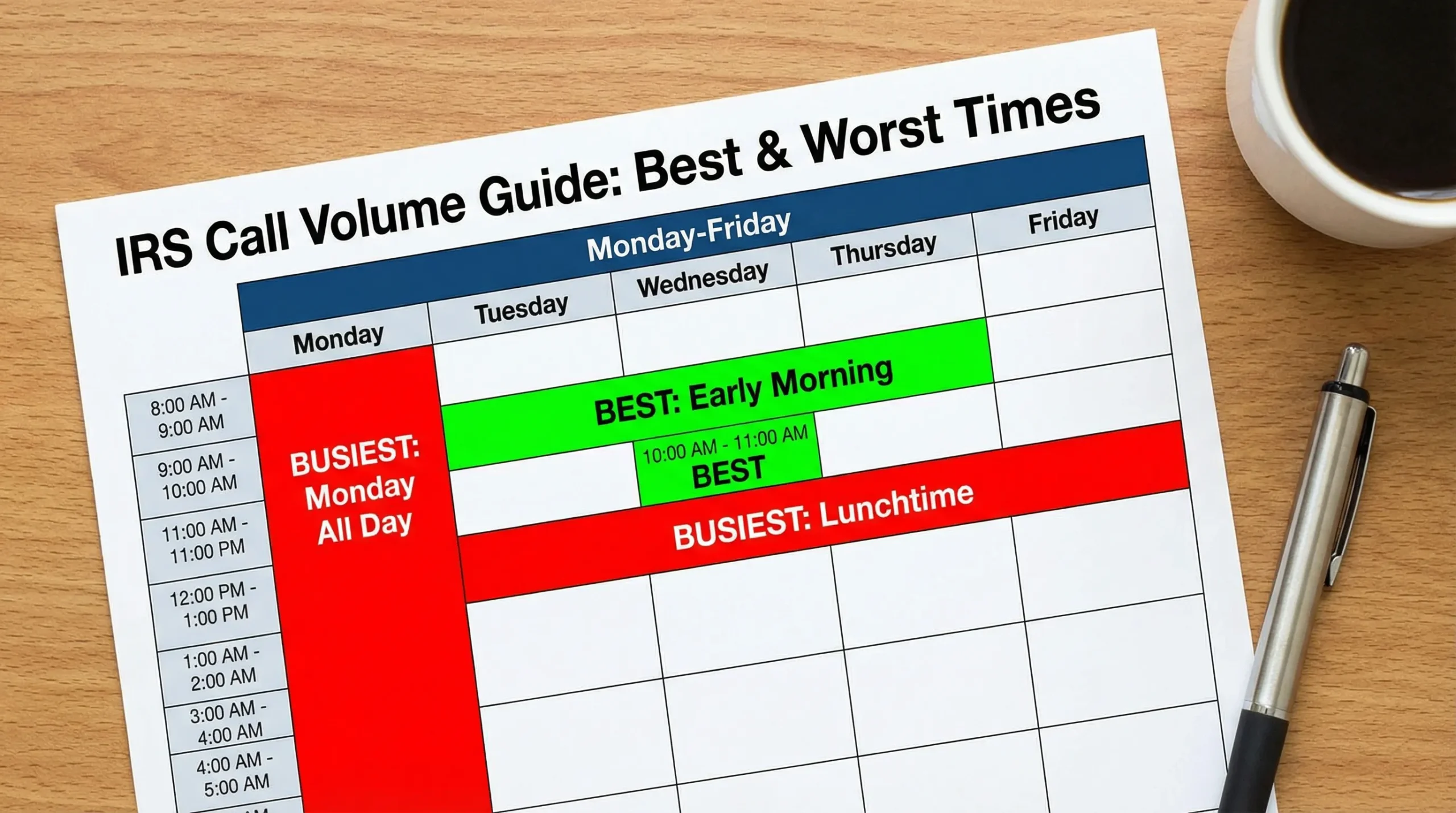 A simple weekly calendar graphic showing best and worst times to call the IRS: early morning and midweek highlighted as best, Monday and lunchtime blocks highlighted as busiest.