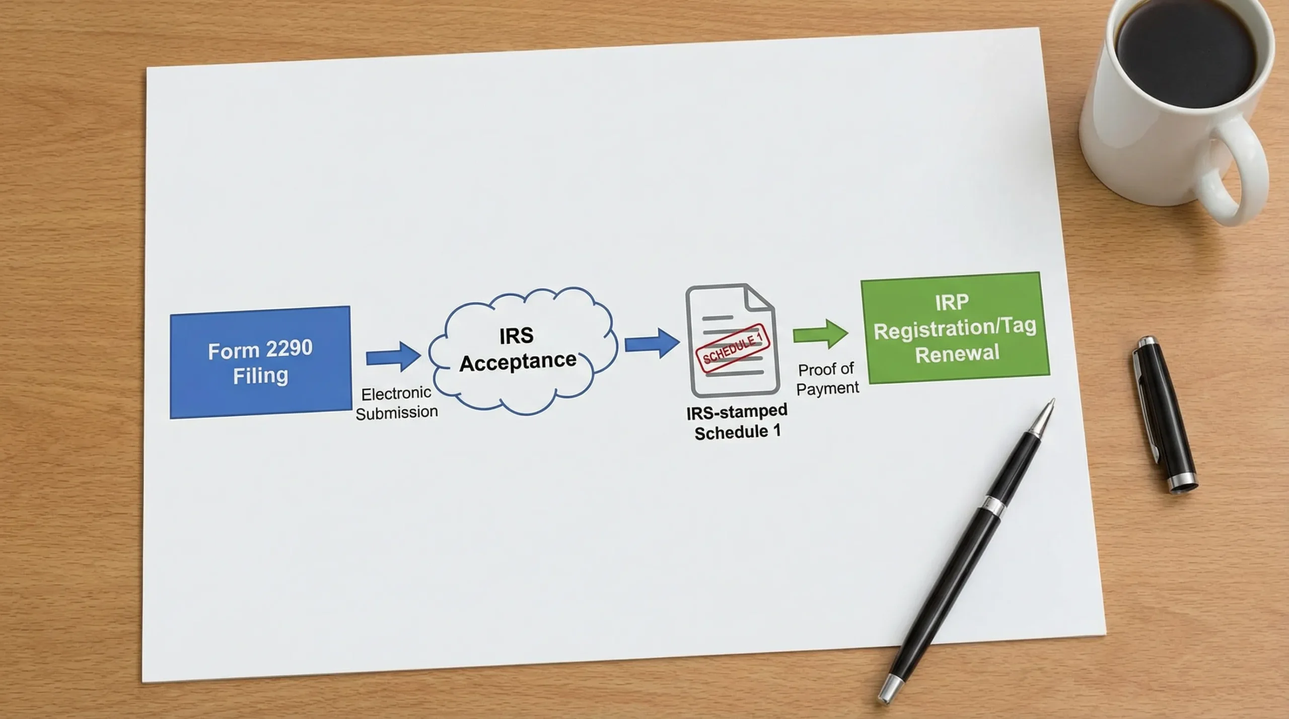A simple workflow diagram showing Form 2290 filing leading to IRS acceptance, then an IRS-stamped Schedule 1 document, then IRP registration/tag renewal, with arrows and short labels for each step.