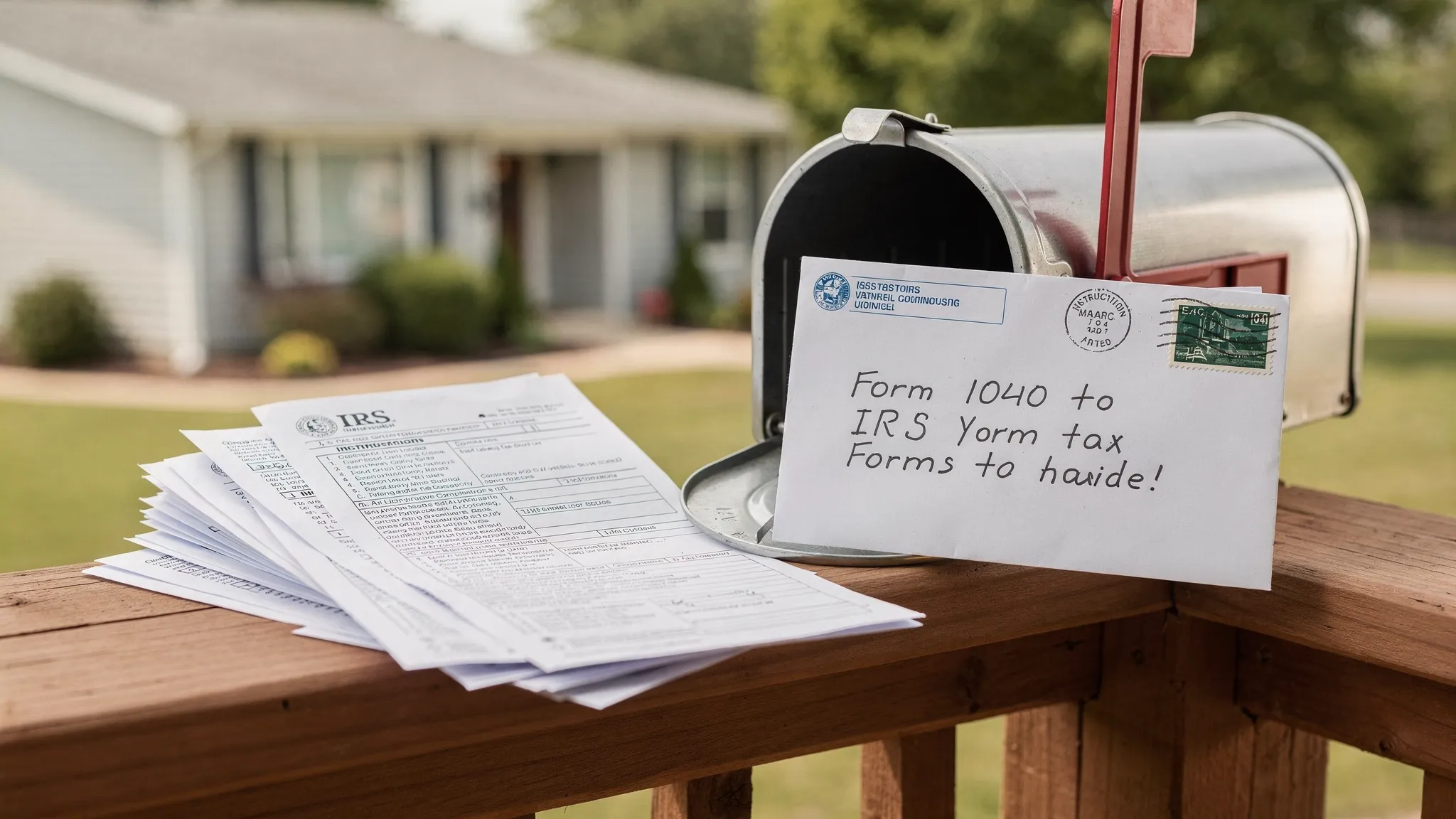 A small stack of IRS tax forms and instructions beside a stamped envelope and a home mailbox, suggesting ordering tax forms by mail.