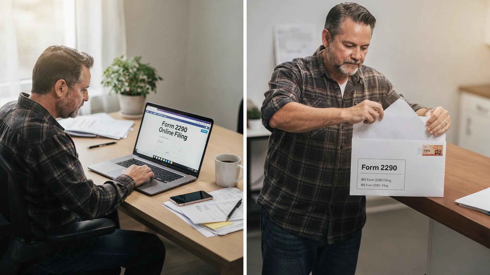 A split scene showing a truck owner at a desk submitting Form 2290 on a laptop on the left, and on the right placing a paper Form 2290 into an envelope with a postage stamp, highlighting online vs mail filing.