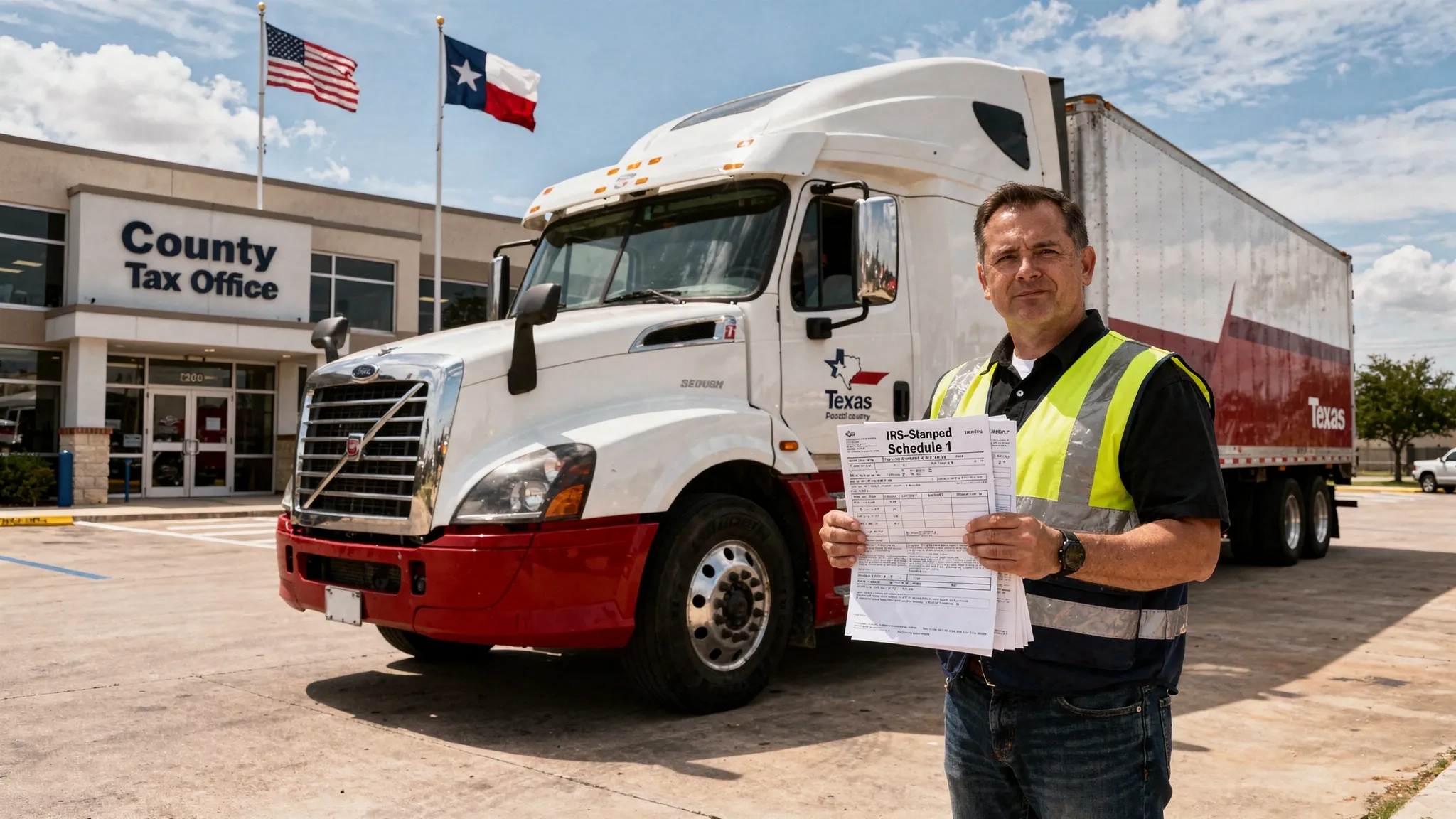 A Texas-based semi truck parked near a county tax office building while the driver holds a printed IRS-stamped Schedule 1 and vehicle paperwork, emphasizing fast HVUT compliance for registration.