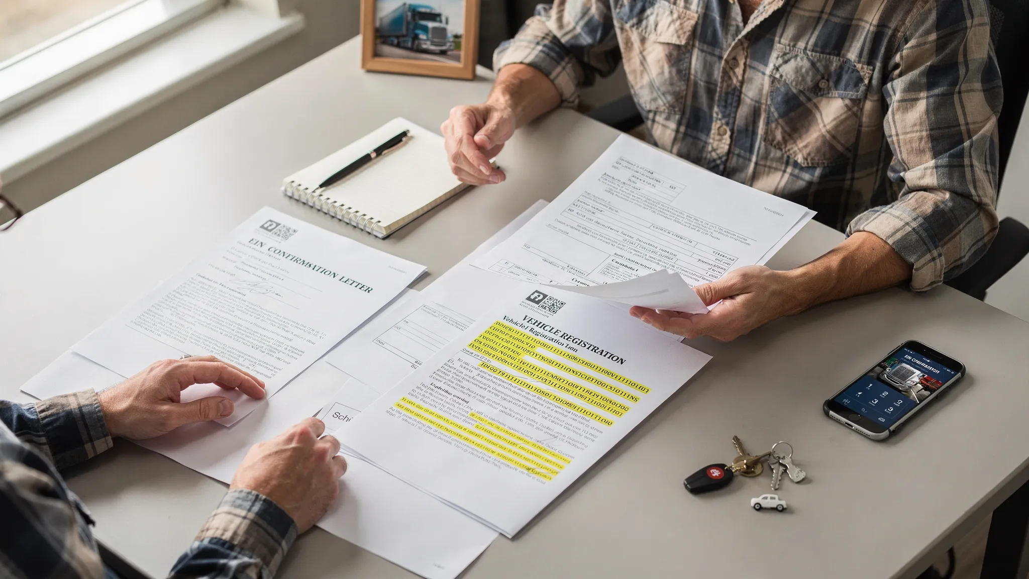 A truck owner at a desk organizing documents: EIN letter, vehicle registration with VIN highlighted, and a printed Schedule 1, with a phone and notepad ready for an IRS call.